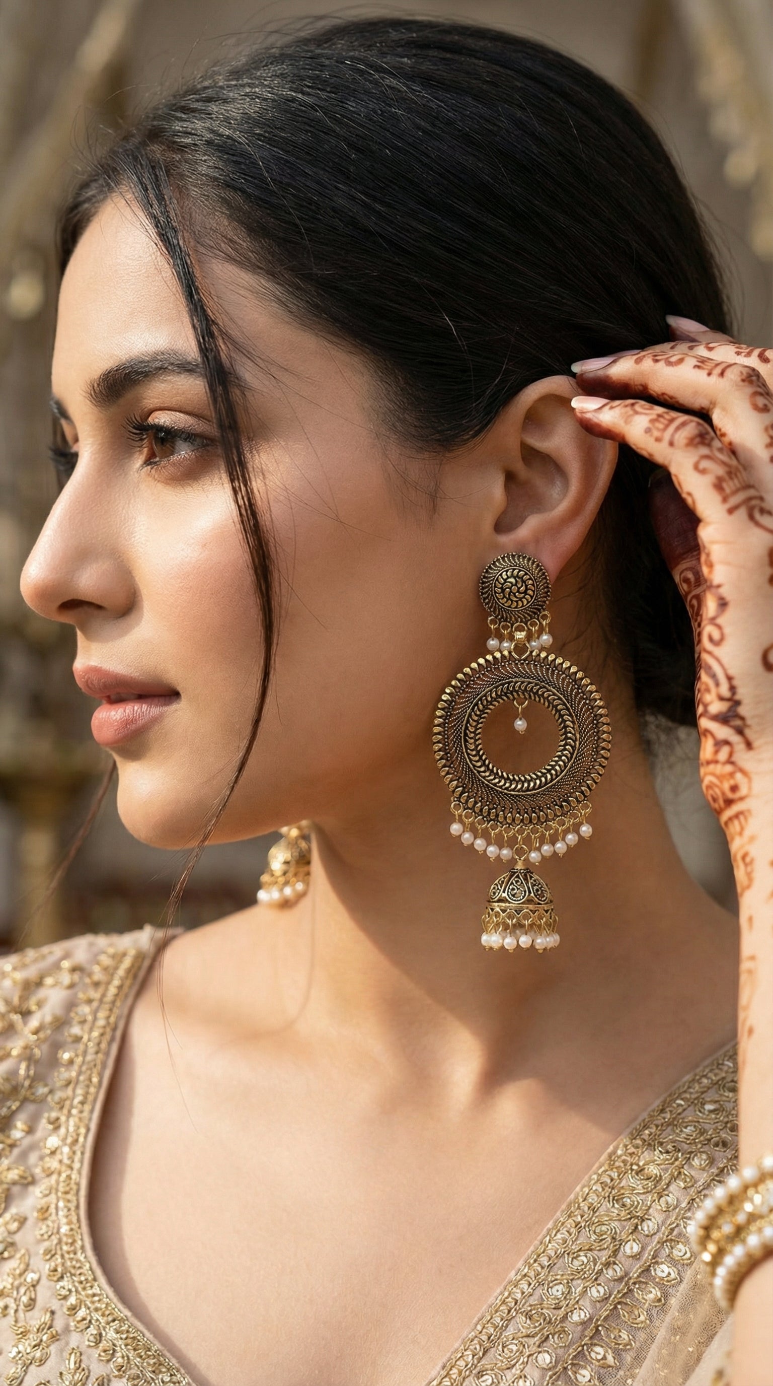Antique Gold Circular Jhumka Earrings