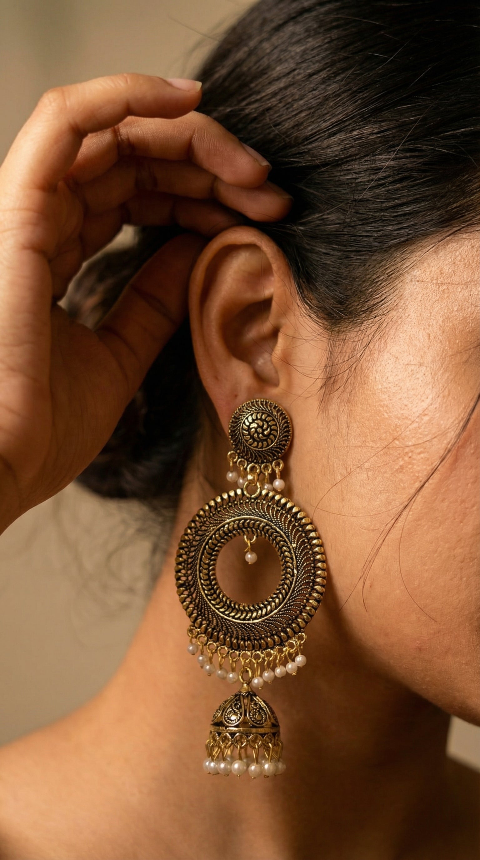 Antique Gold Circular Jhumka Earrings