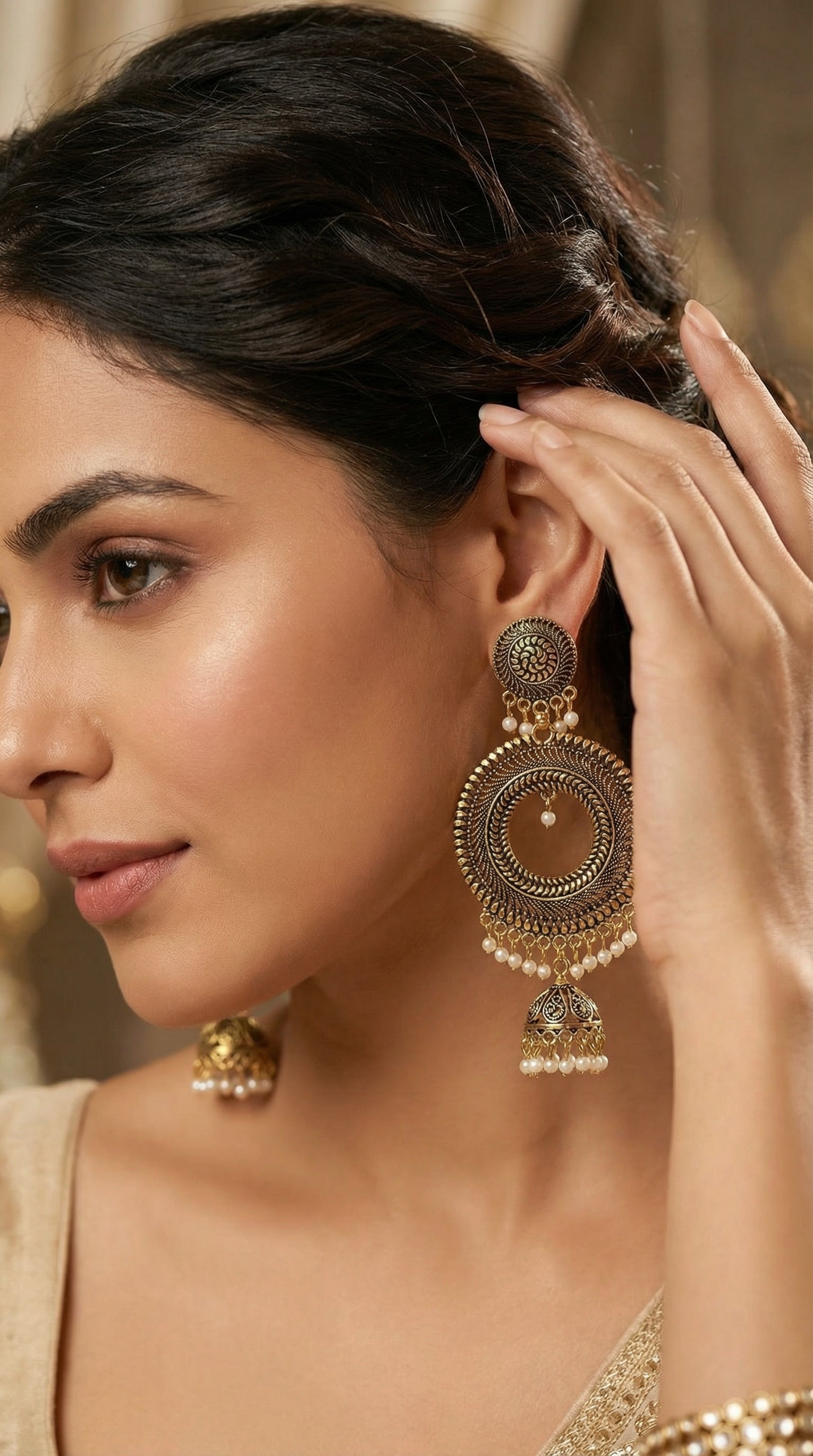 Antique Gold Circular Jhumka Earrings