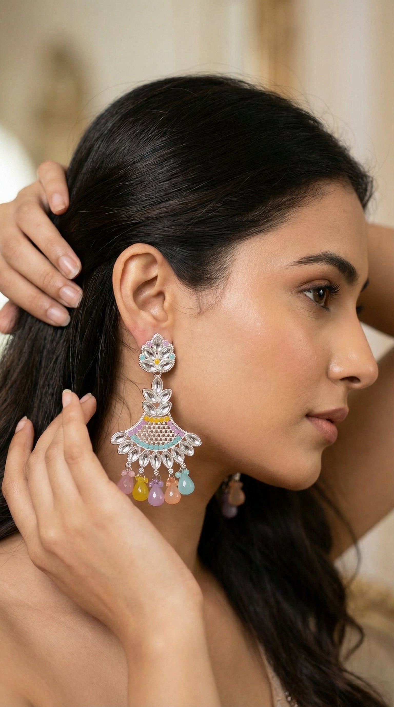 Silver-Plated Pastel Meenakari Chandbalis with Multi-Colored Gemstone Droplets