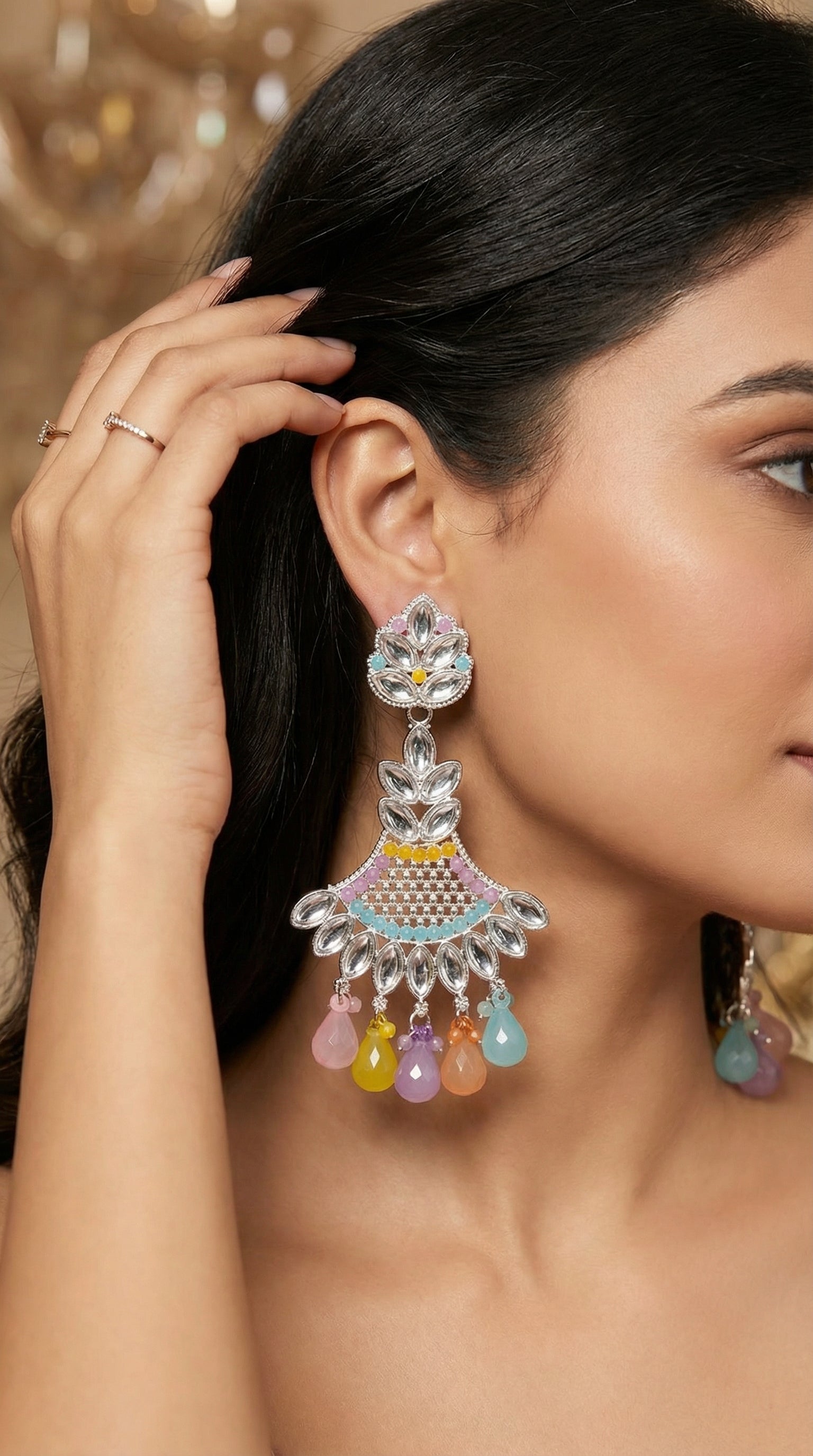 Silver-Plated Pastel Meenakari Chandbalis with Multi-Colored Gemstone Droplets