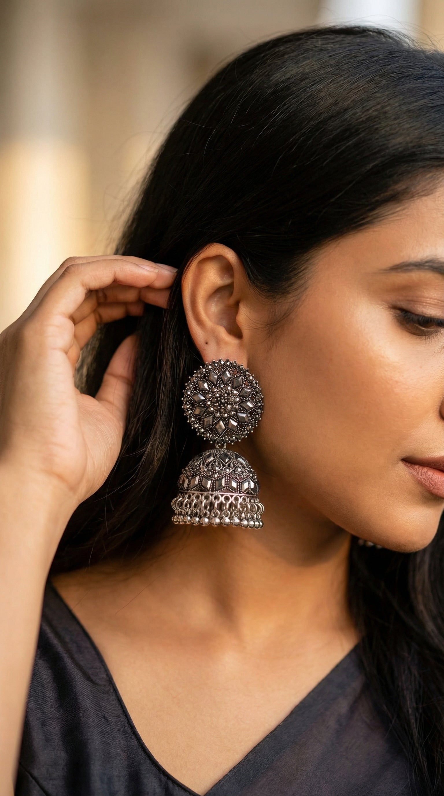 Antique Oxidized Silver Floral Stud Jhumka Earrings