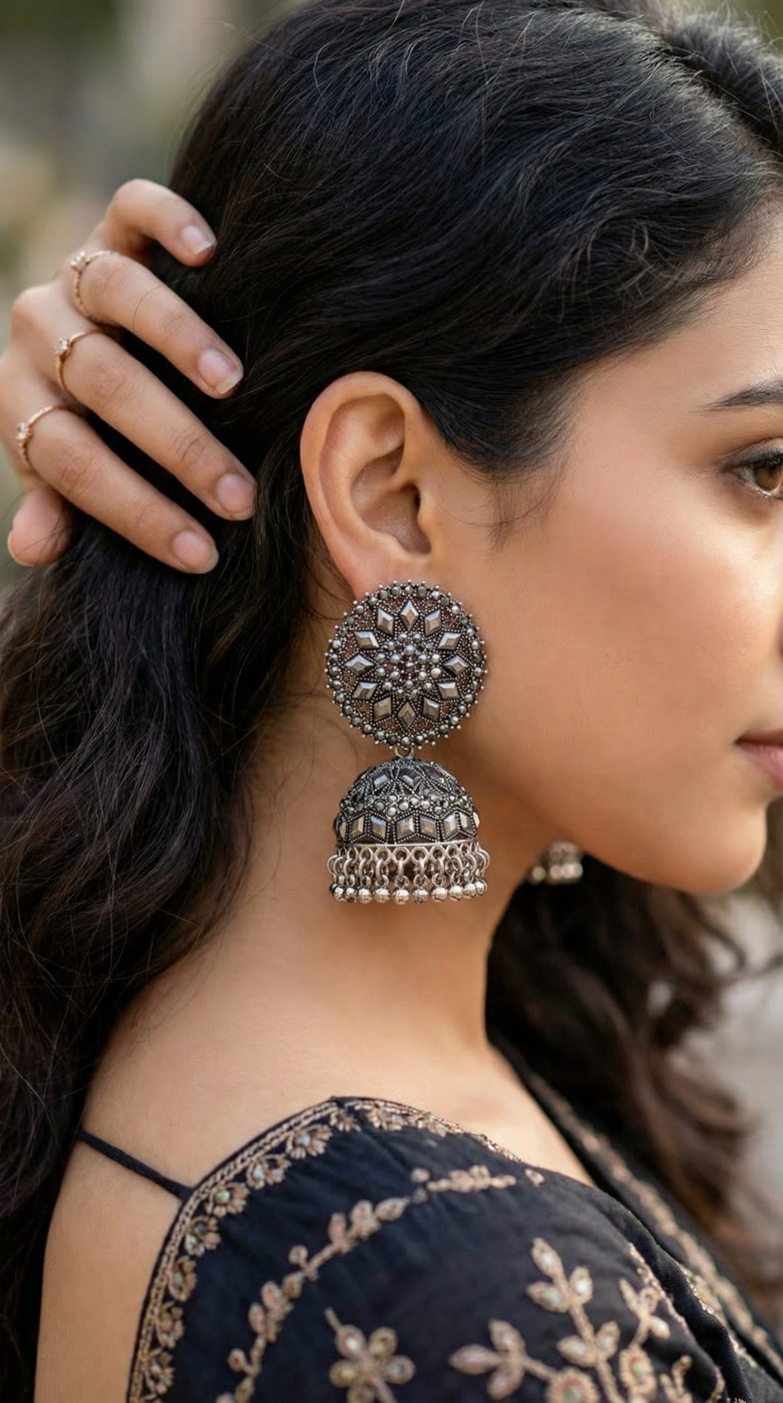 Antique Oxidized Silver Floral Stud Jhumka Earrings