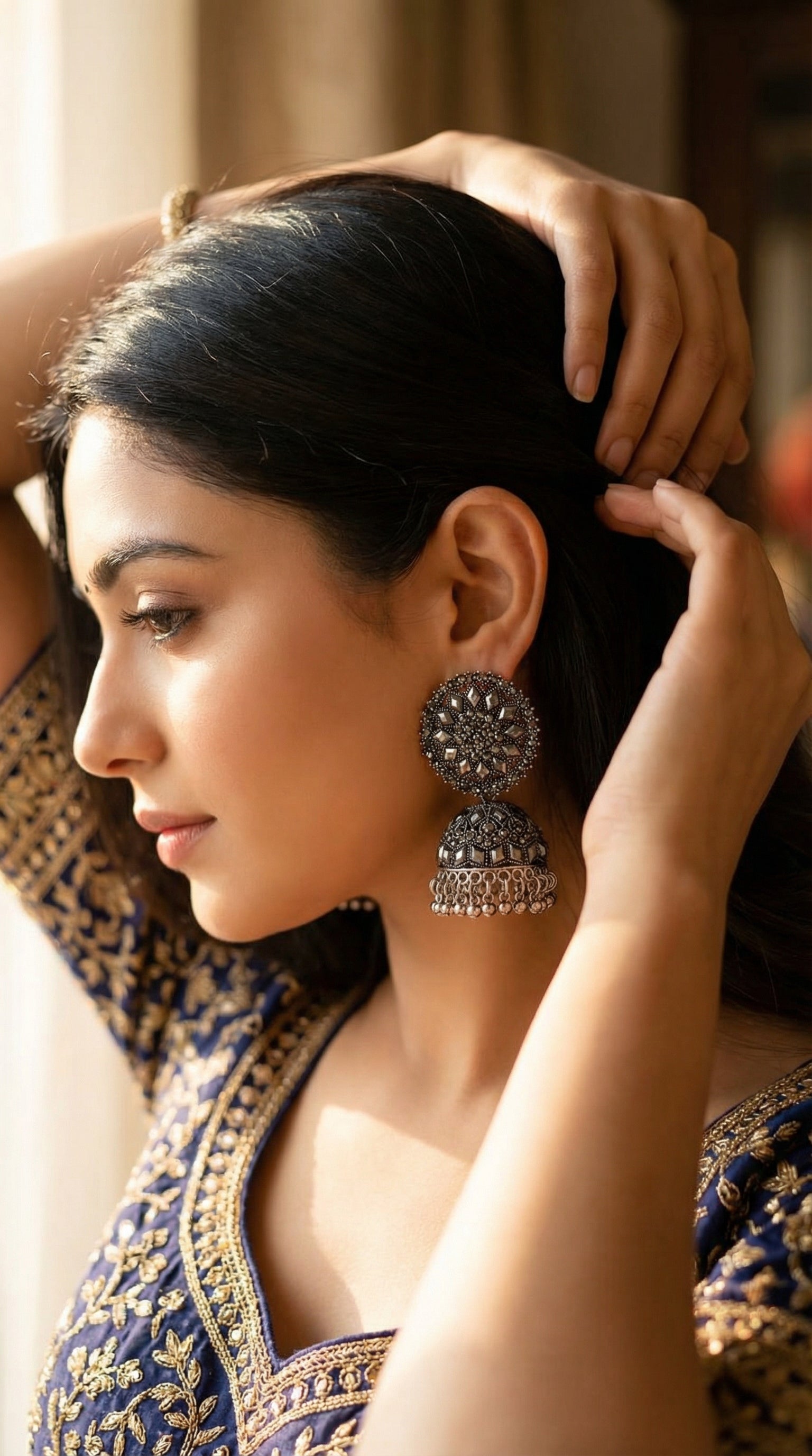 Antique Oxidized Silver Floral Stud Jhumka Earrings