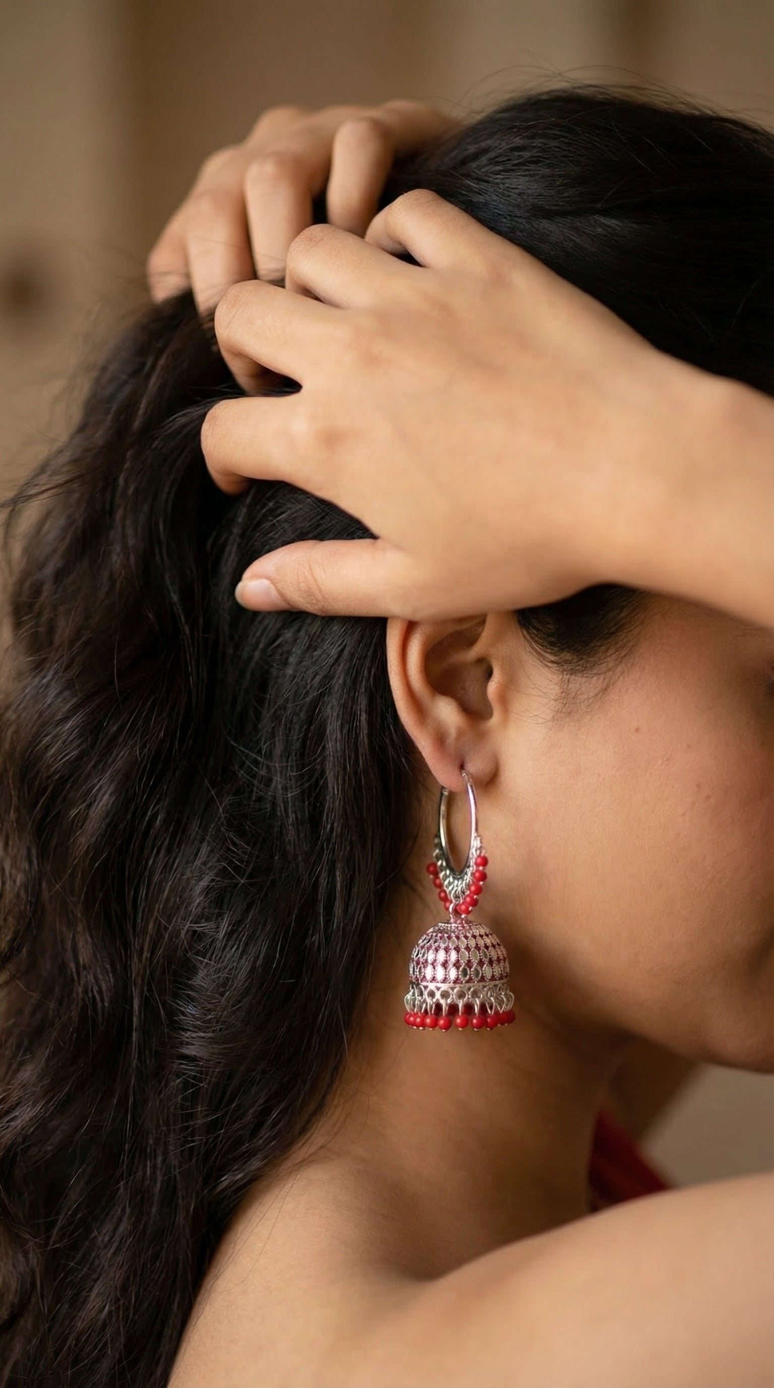 Silver-Plated Hoop Jhumka Earrings with Vibrant Red Bead Accents