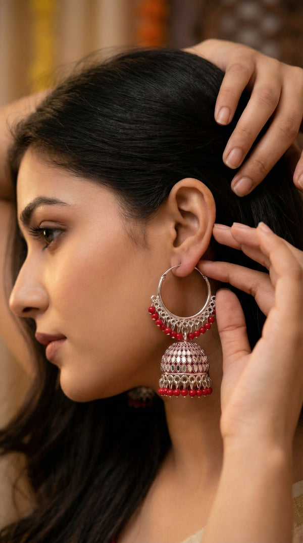 Silver-Plated Hoop Jhumka Earrings with Vibrant Red Bead Accents