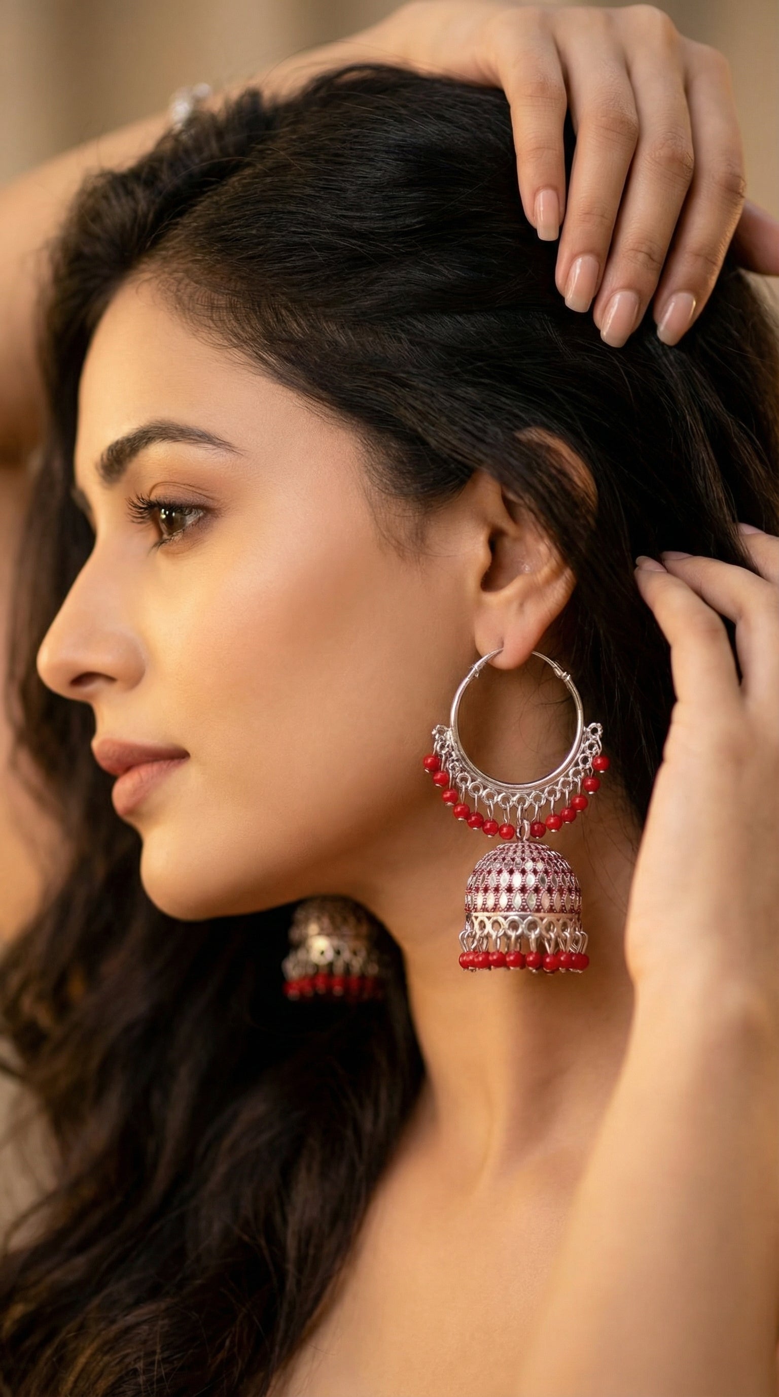 Silver-Plated Hoop Jhumka Earrings with Vibrant Red Bead Accents