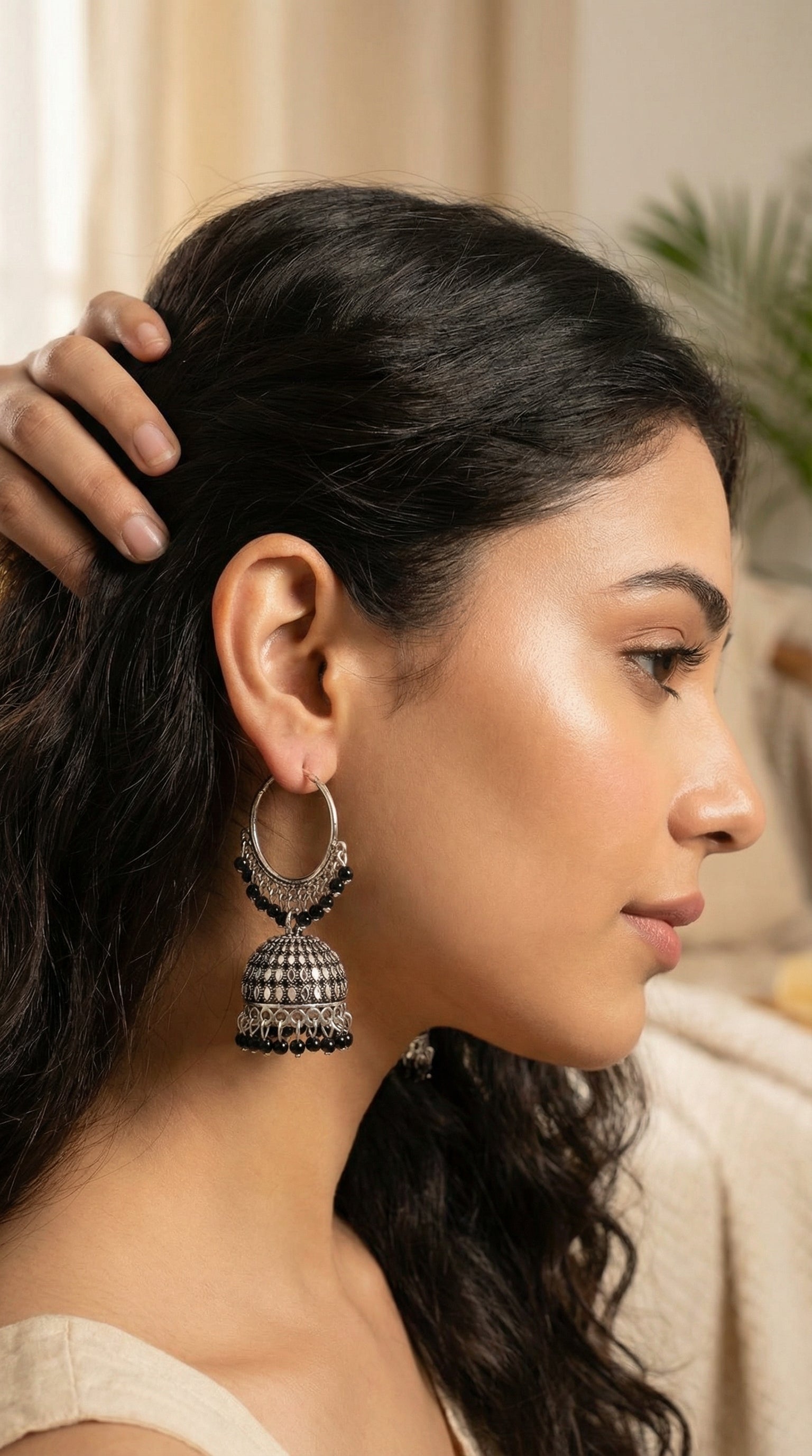 Silver-Plated Hoop Jhumka Earrings with Vibrant Red Bead Accents