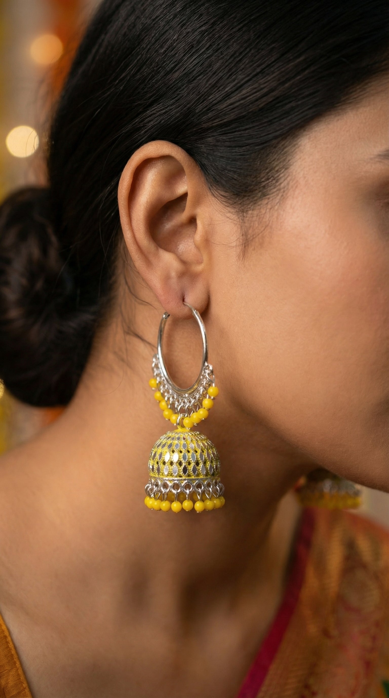 Silver-Plated Hoop Jhumka Earrings with Vibrant Red Bead Accents