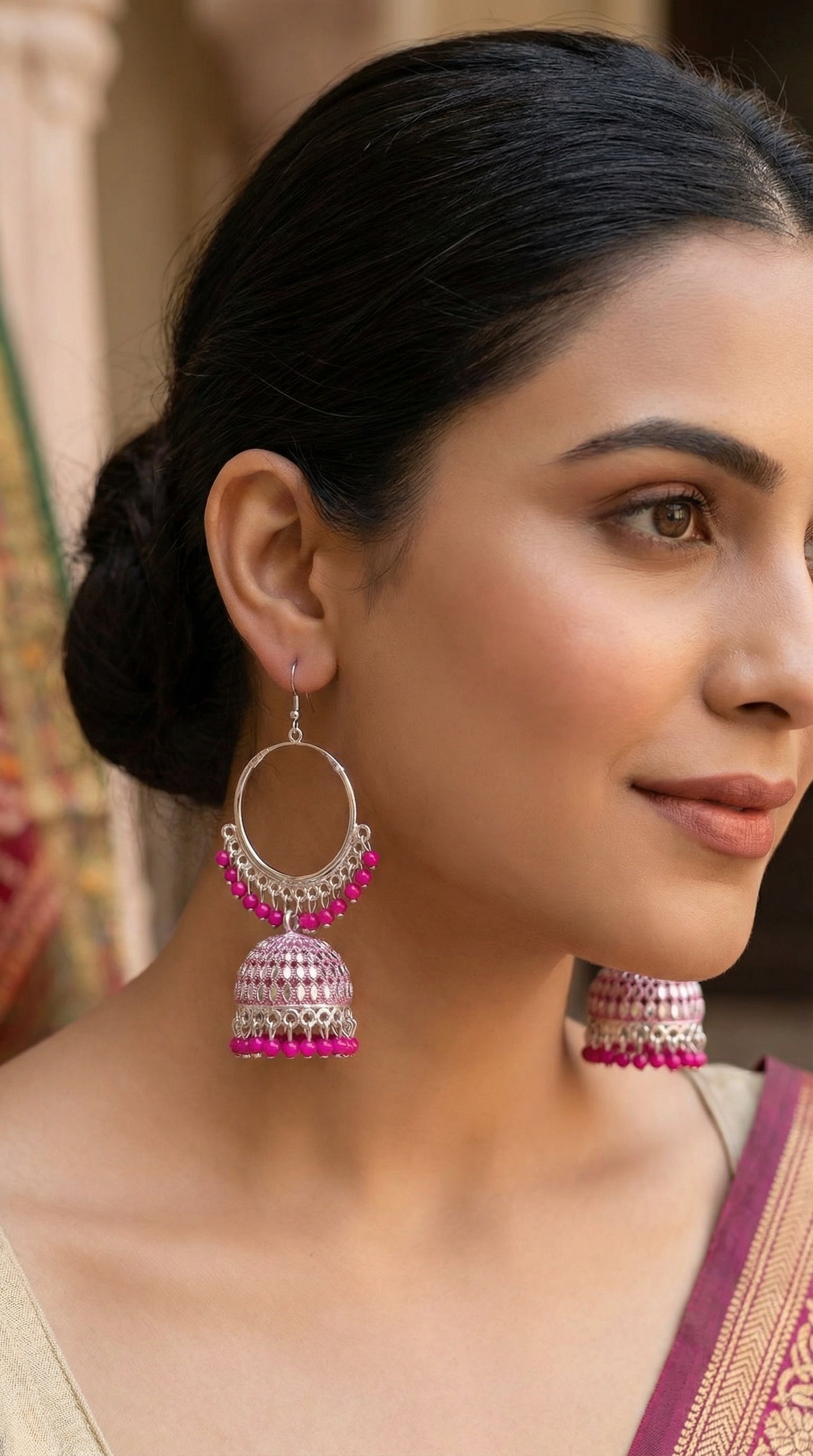 Silver-Plated Hoop Jhumka Earrings with Vibrant Red Bead Accents