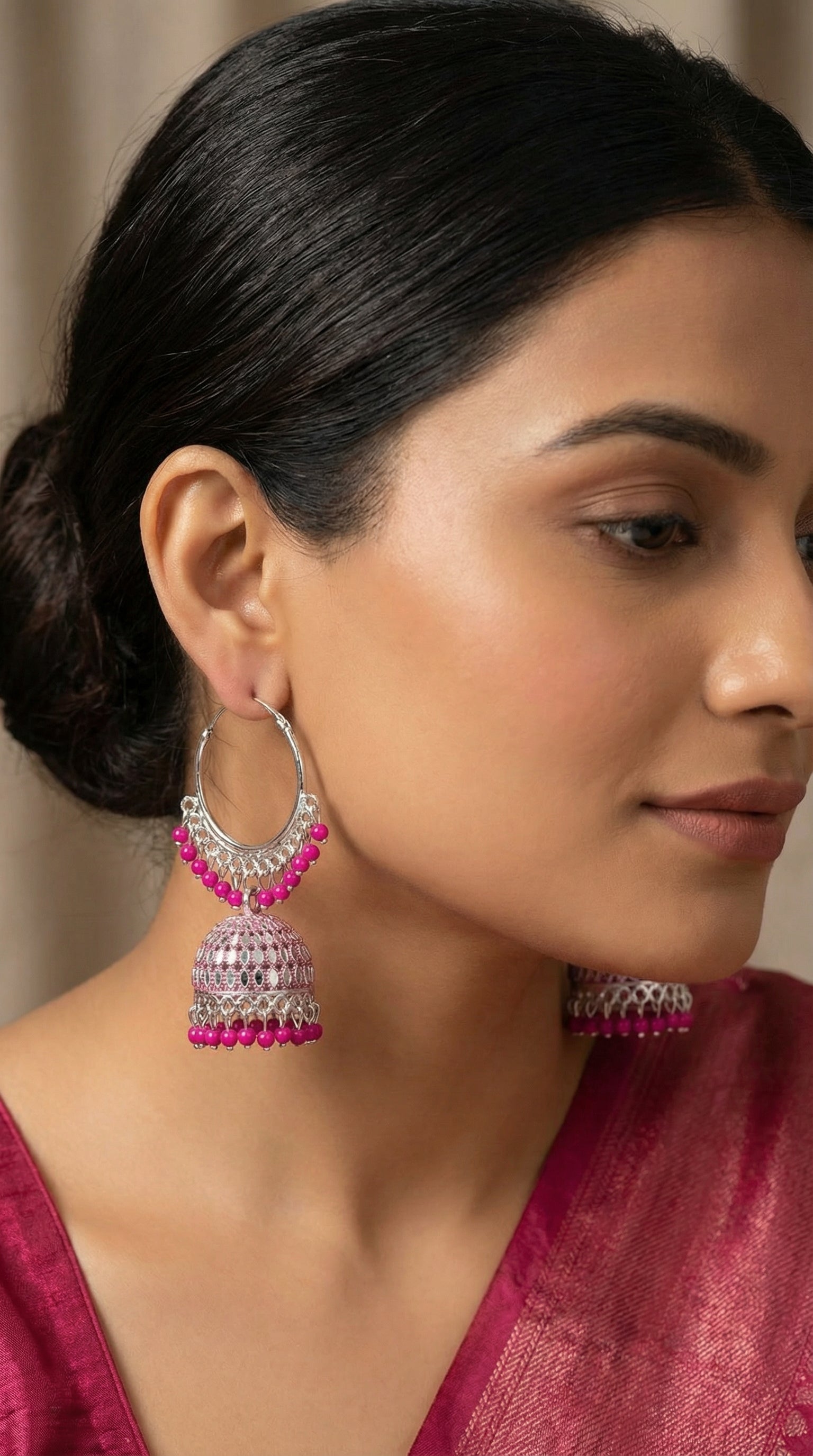 Silver-Plated Hoop Jhumka Earrings with Vibrant Red Bead Accents