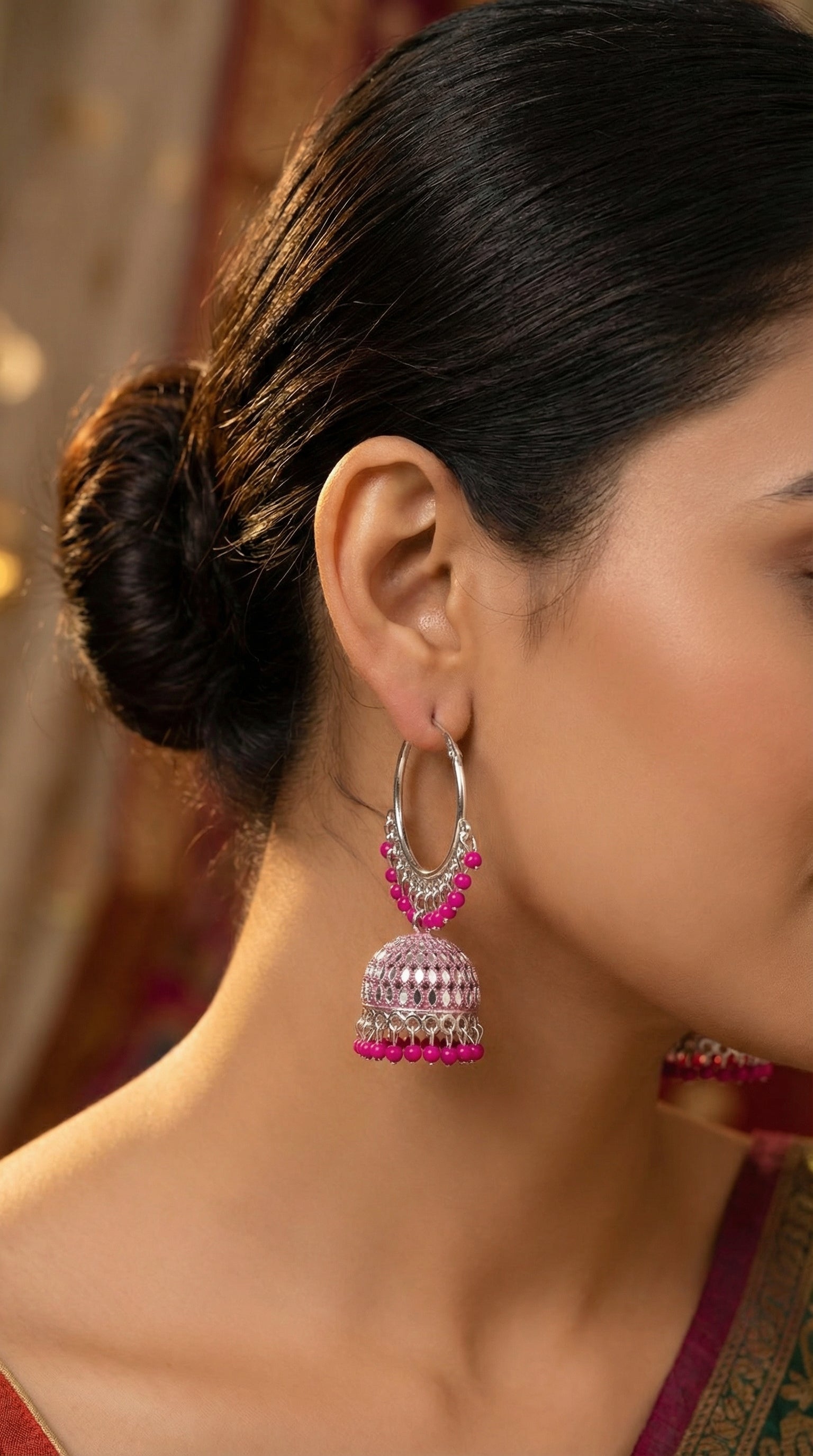 Silver-Plated Hoop Jhumka Earrings with Vibrant Red Bead Accents