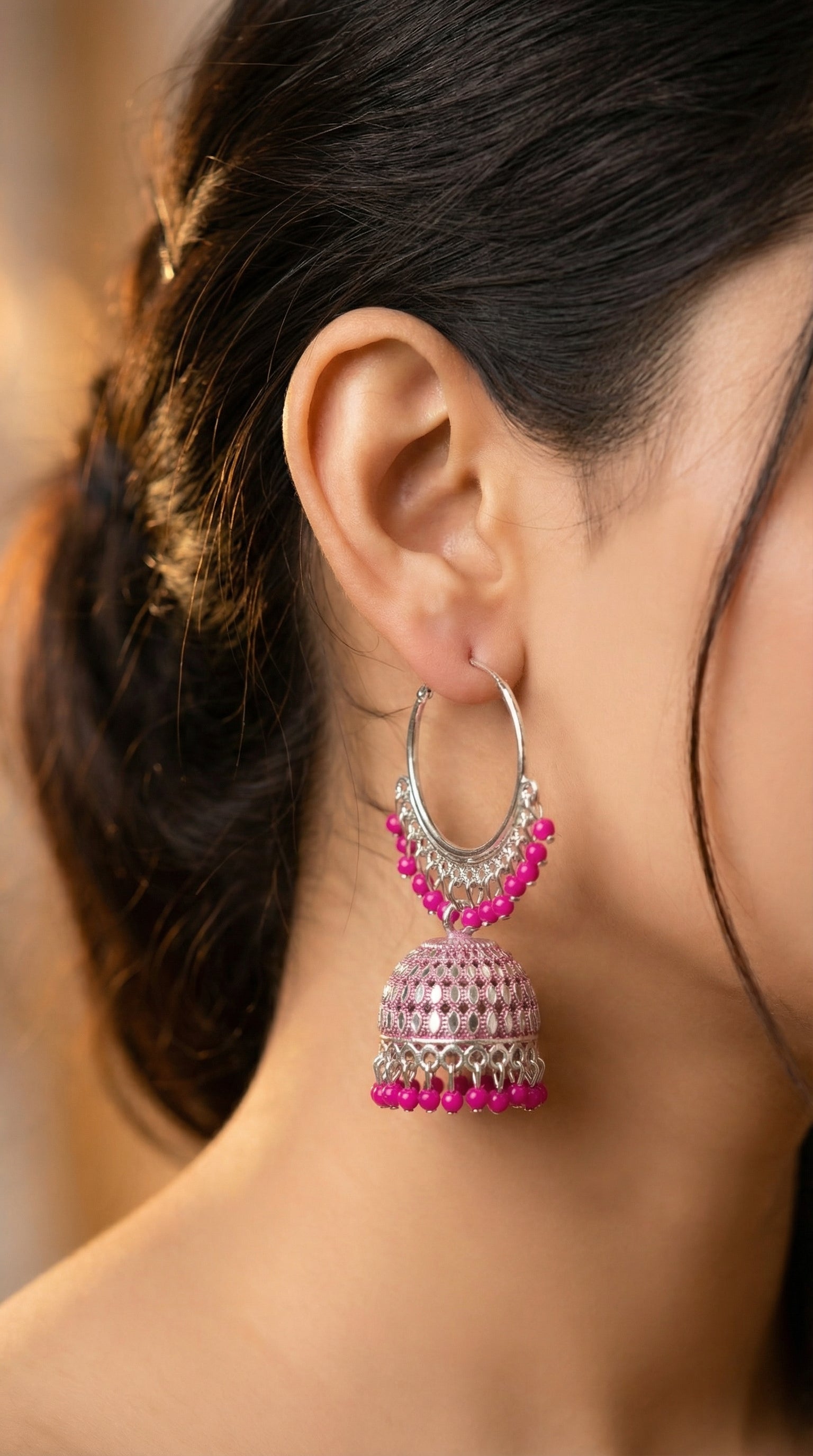 Silver-Plated Hoop Jhumka Earrings with Vibrant Red Bead Accents