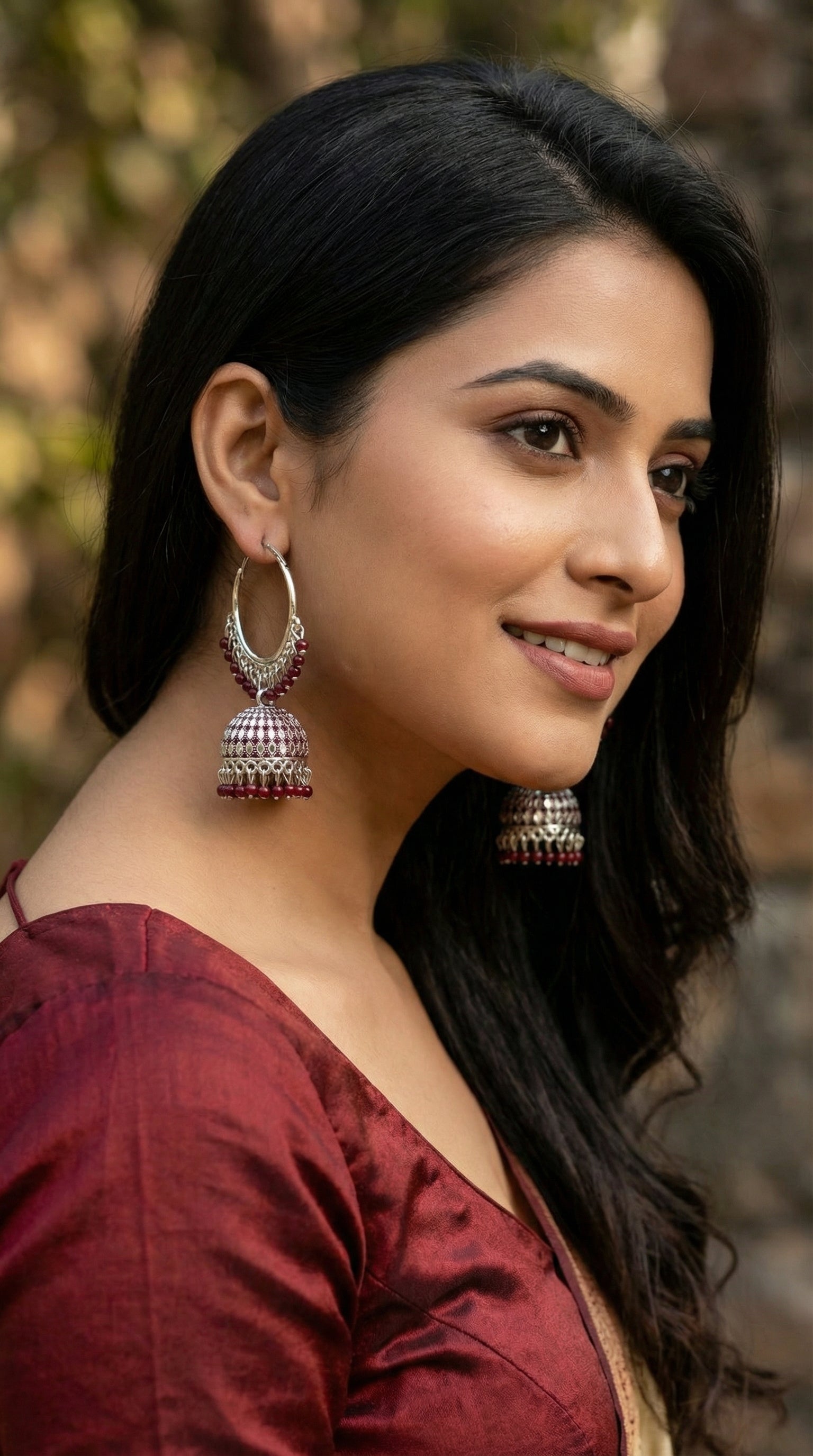 Silver-Plated Hoop Jhumka Earrings with Vibrant Red Bead Accents