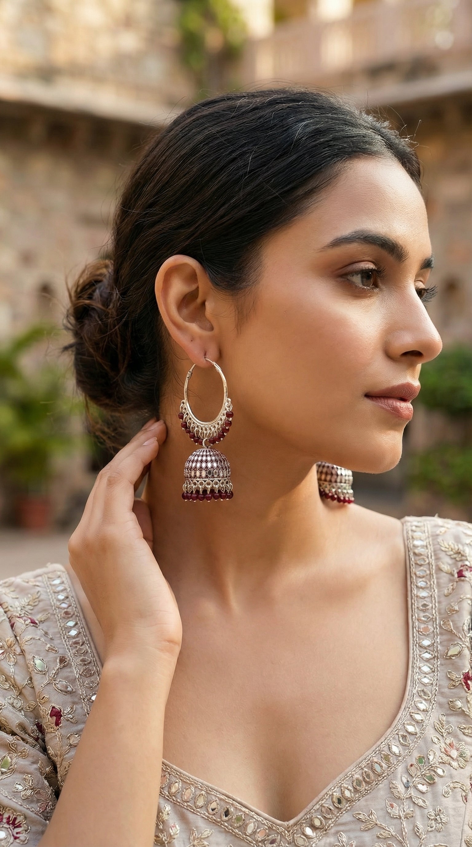 Silver-Plated Hoop Jhumka Earrings with Vibrant Red Bead Accents
