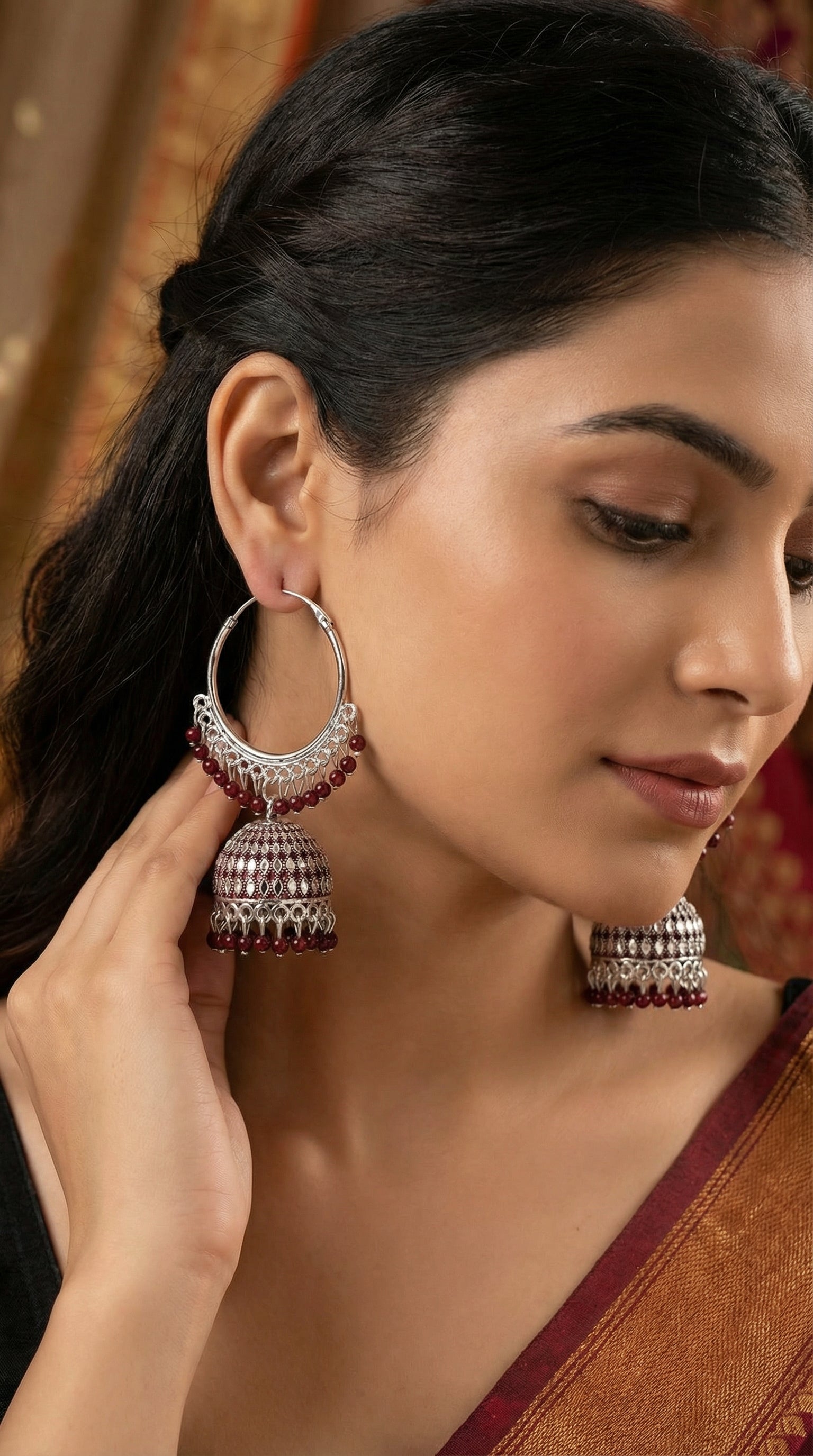 Silver-Plated Hoop Jhumka Earrings with Vibrant Red Bead Accents