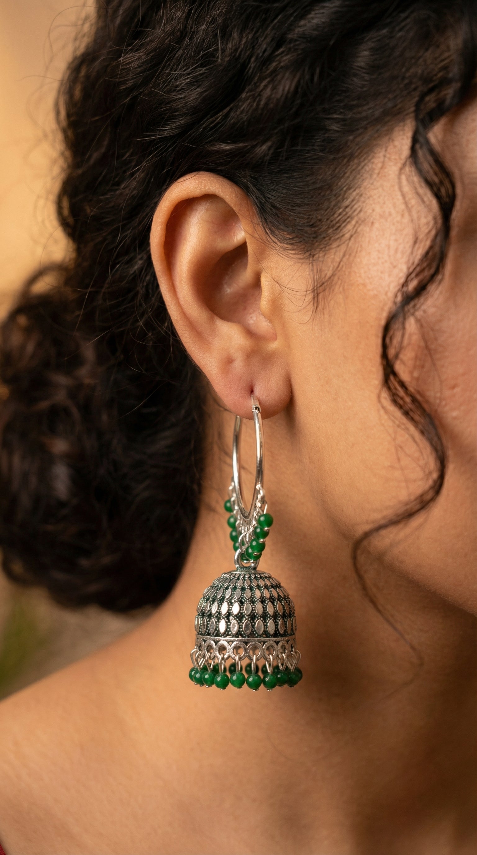 Silver-Plated Hoop Jhumka Earrings with Vibrant Red Bead Accents