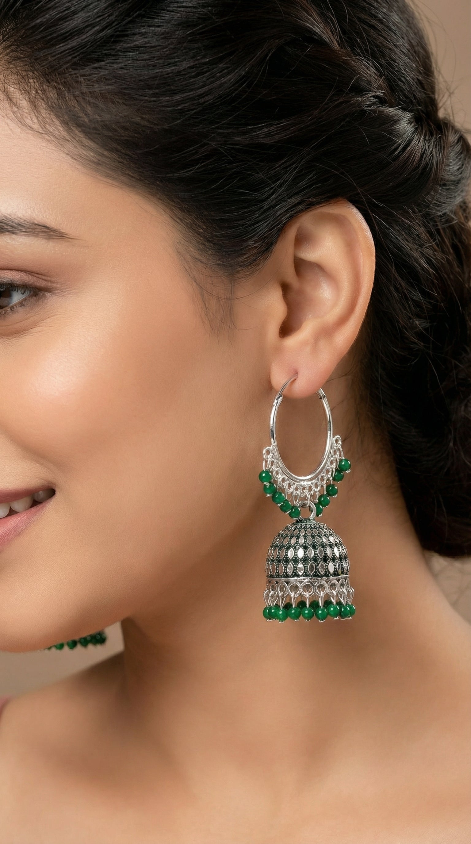 Silver-Plated Hoop Jhumka Earrings with Vibrant Red Bead Accents