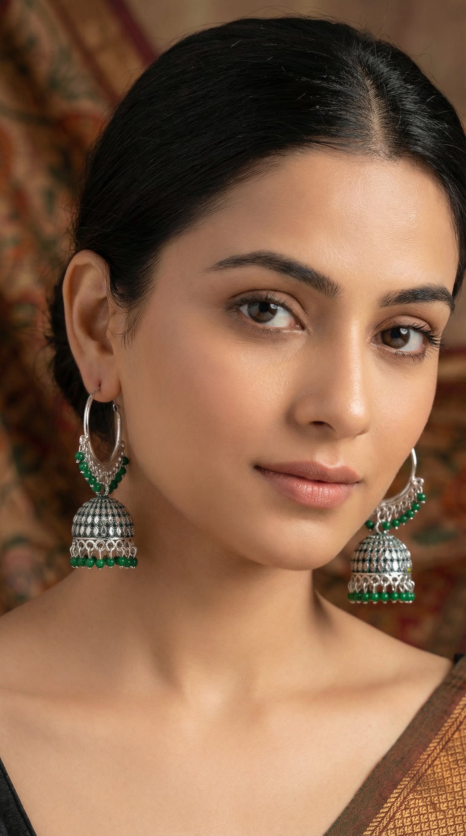 Silver-Plated Hoop Jhumka Earrings with Vibrant Red Bead Accents