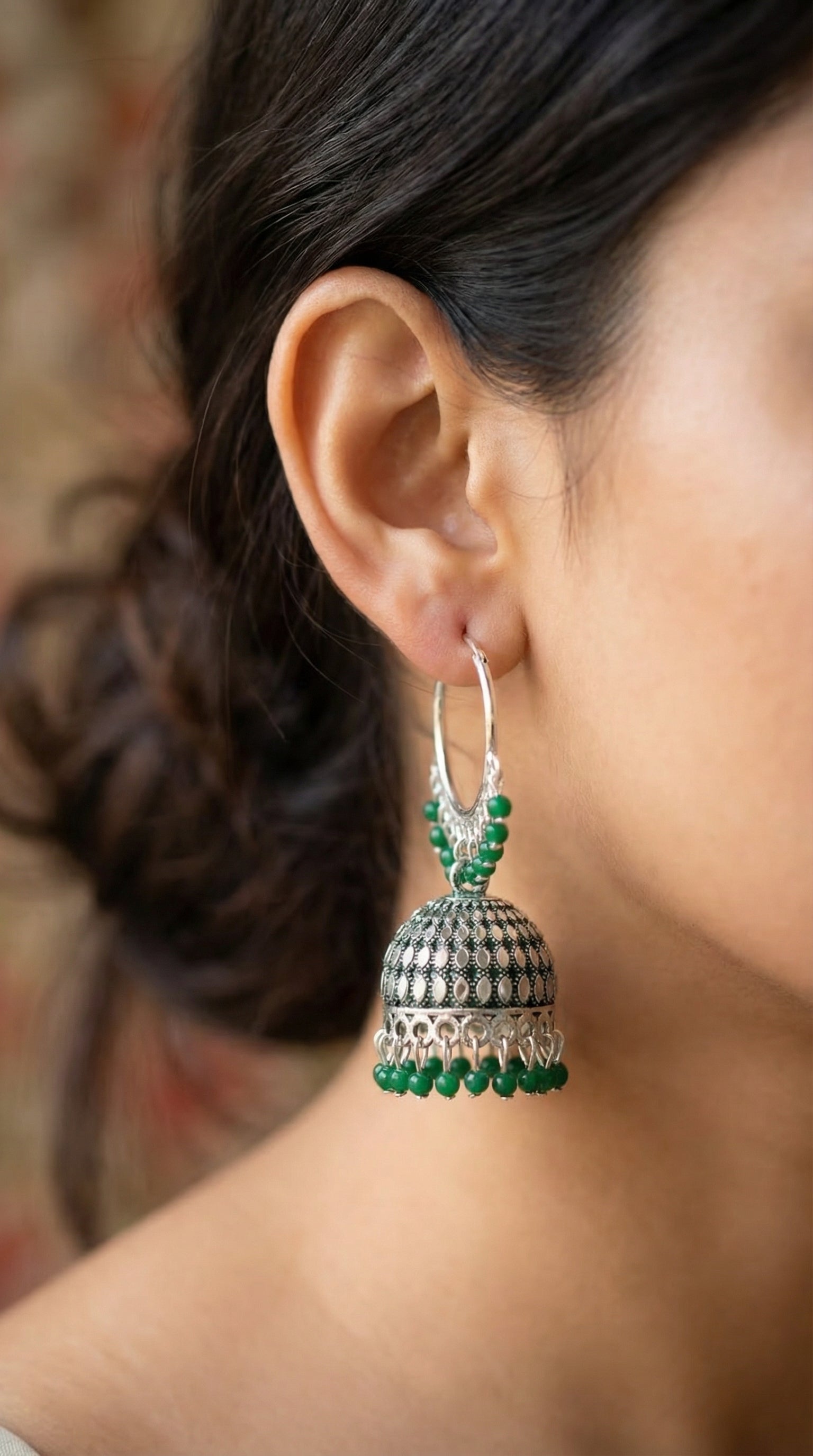 Silver-Plated Hoop Jhumka Earrings with Vibrant Red Bead Accents