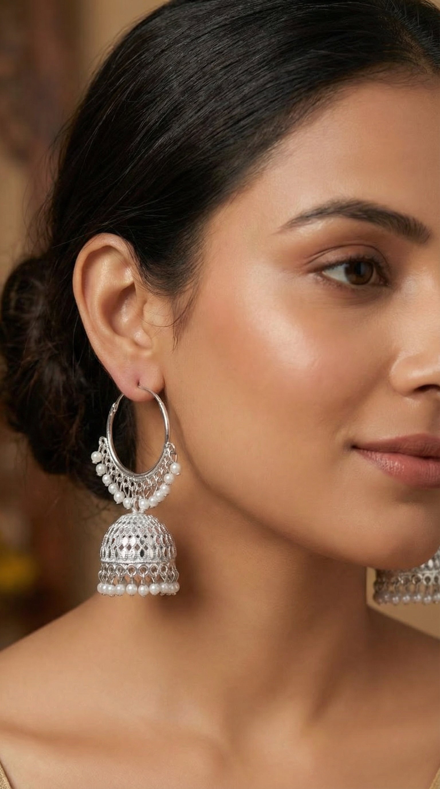 Silver-Plated Hoop Jhumka Earrings with Vibrant Red Bead Accents