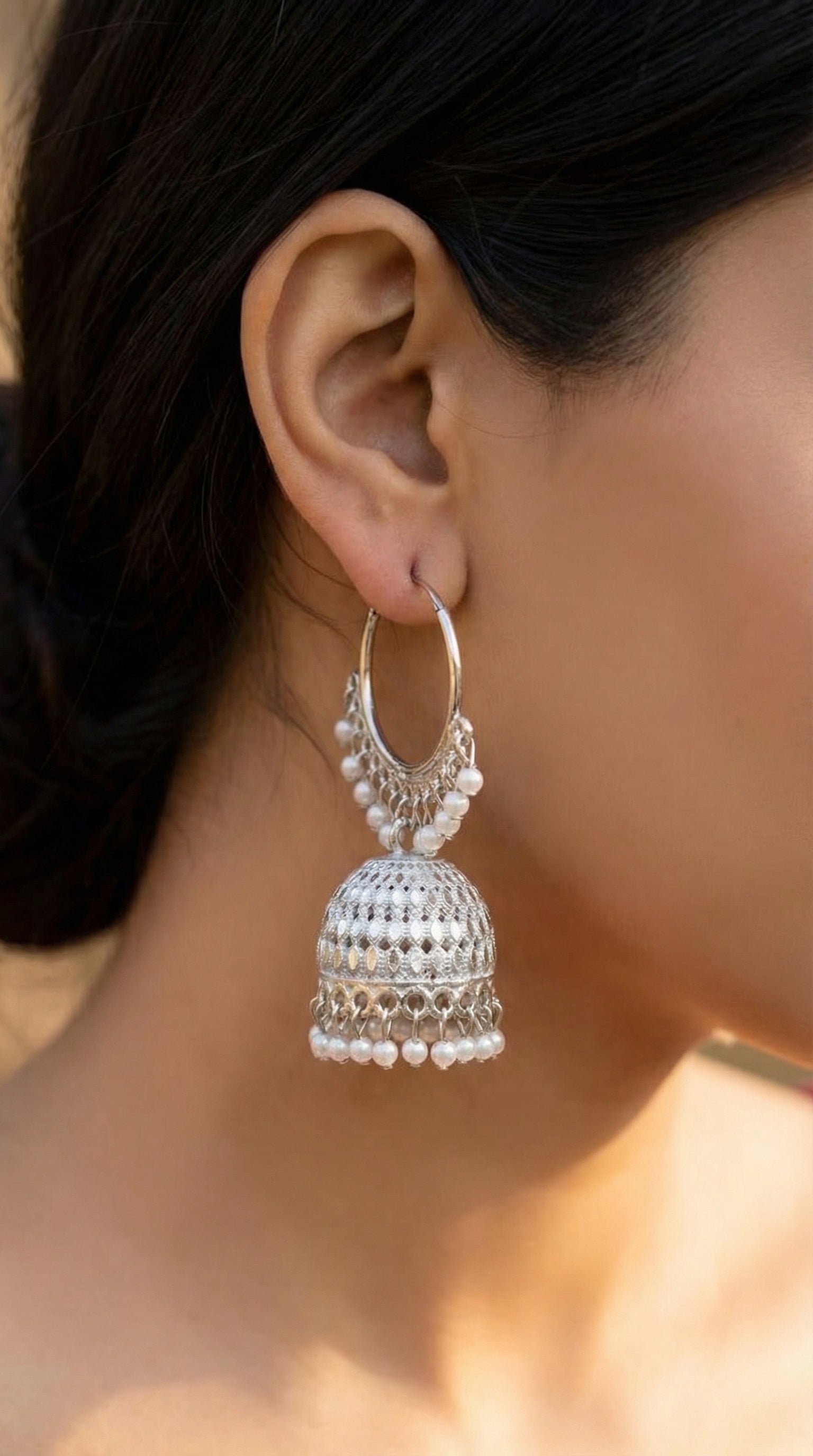 Silver-Plated Hoop Jhumka Earrings with Vibrant Red Bead Accents