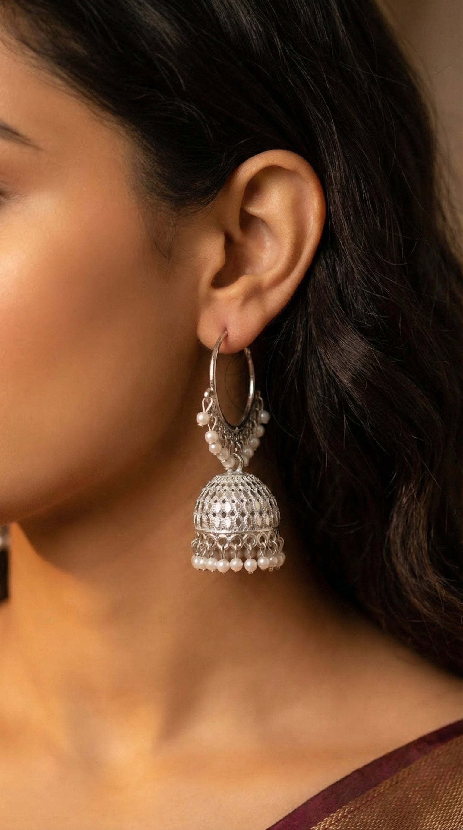 Silver-Plated Hoop Jhumka Earrings with Vibrant Red Bead Accents