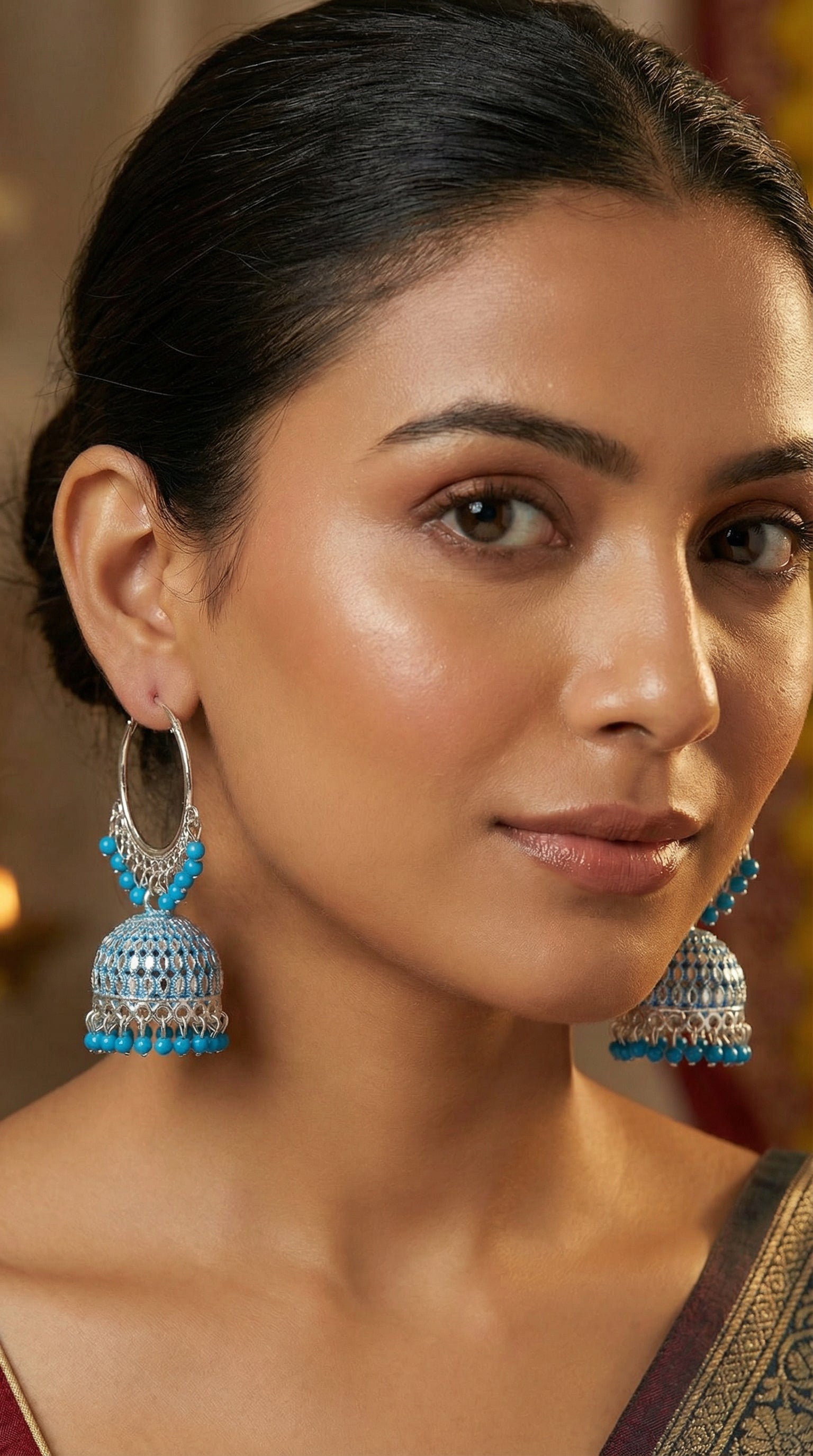 Silver-Plated Hoop Jhumka Earrings with Vibrant Red Bead Accents