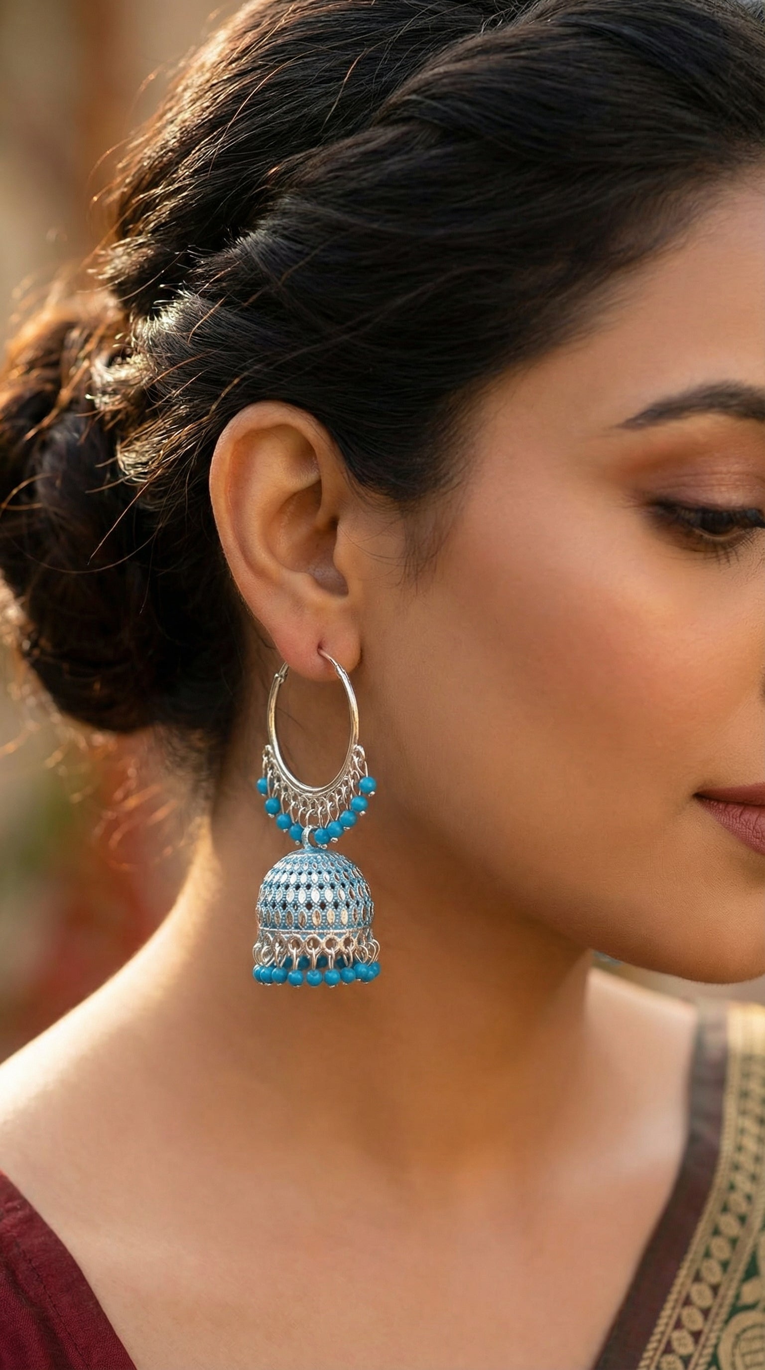 Silver-Plated Hoop Jhumka Earrings with Vibrant Red Bead Accents