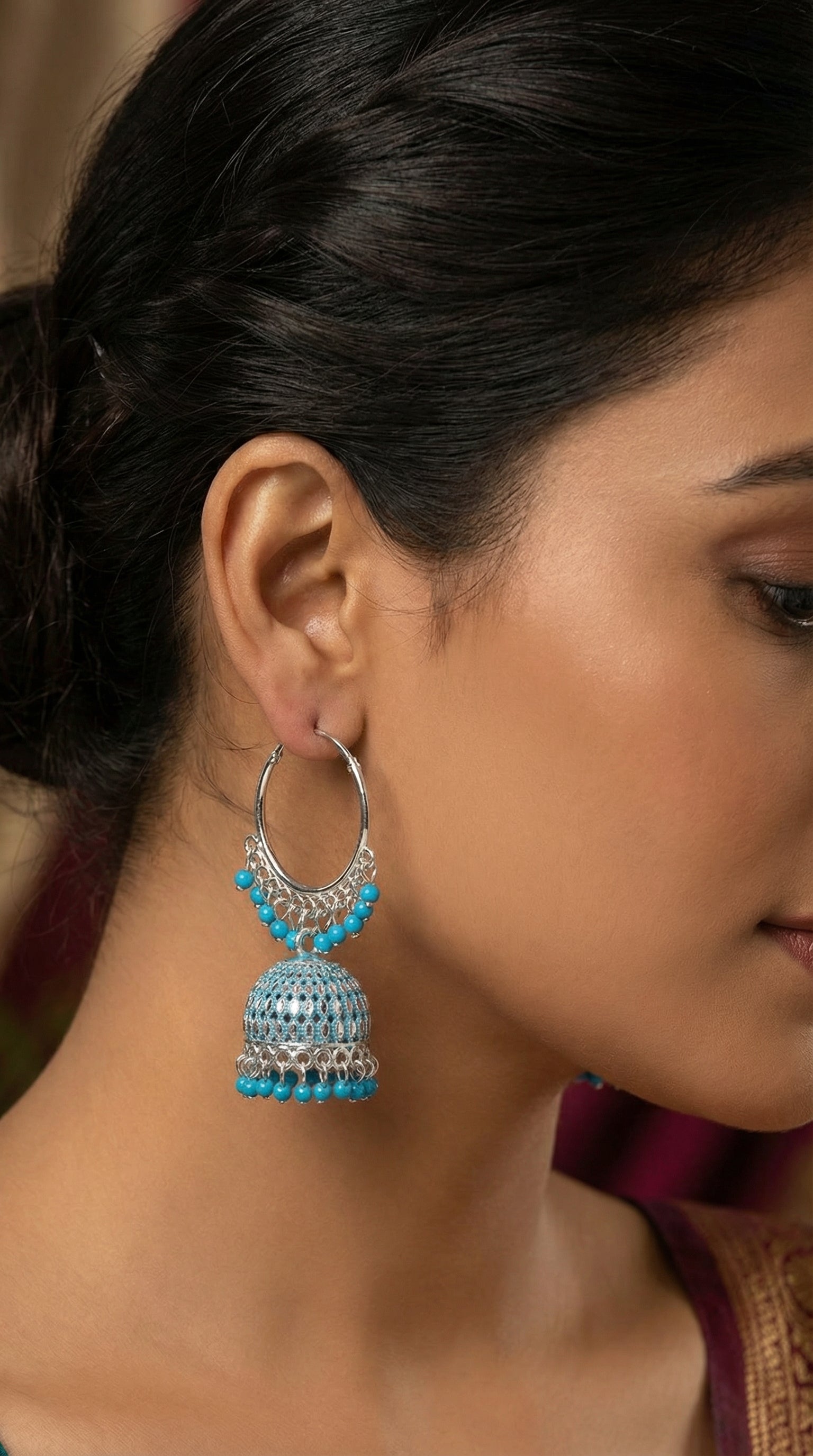 Silver-Plated Hoop Jhumka Earrings with Vibrant Red Bead Accents