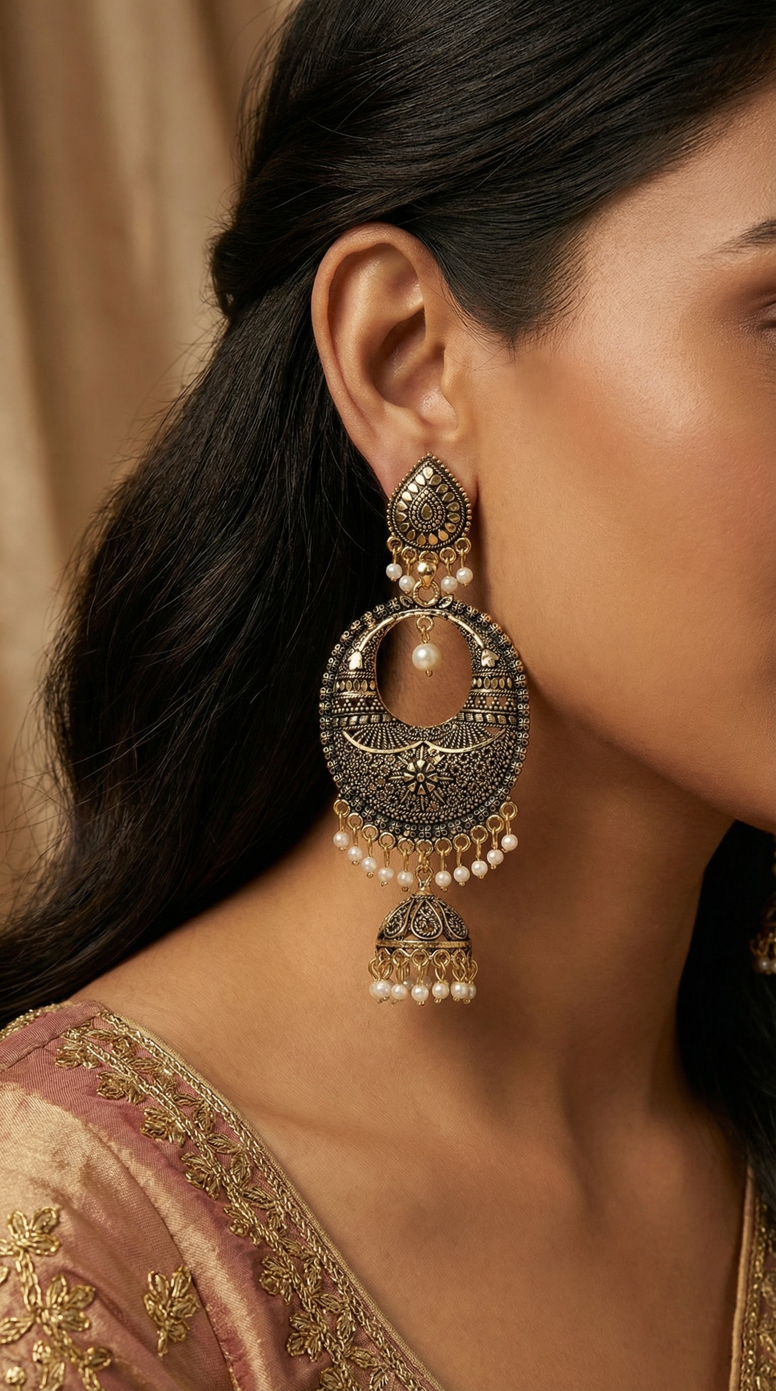 Antique Gold-Finish Chandbali Jhumkas