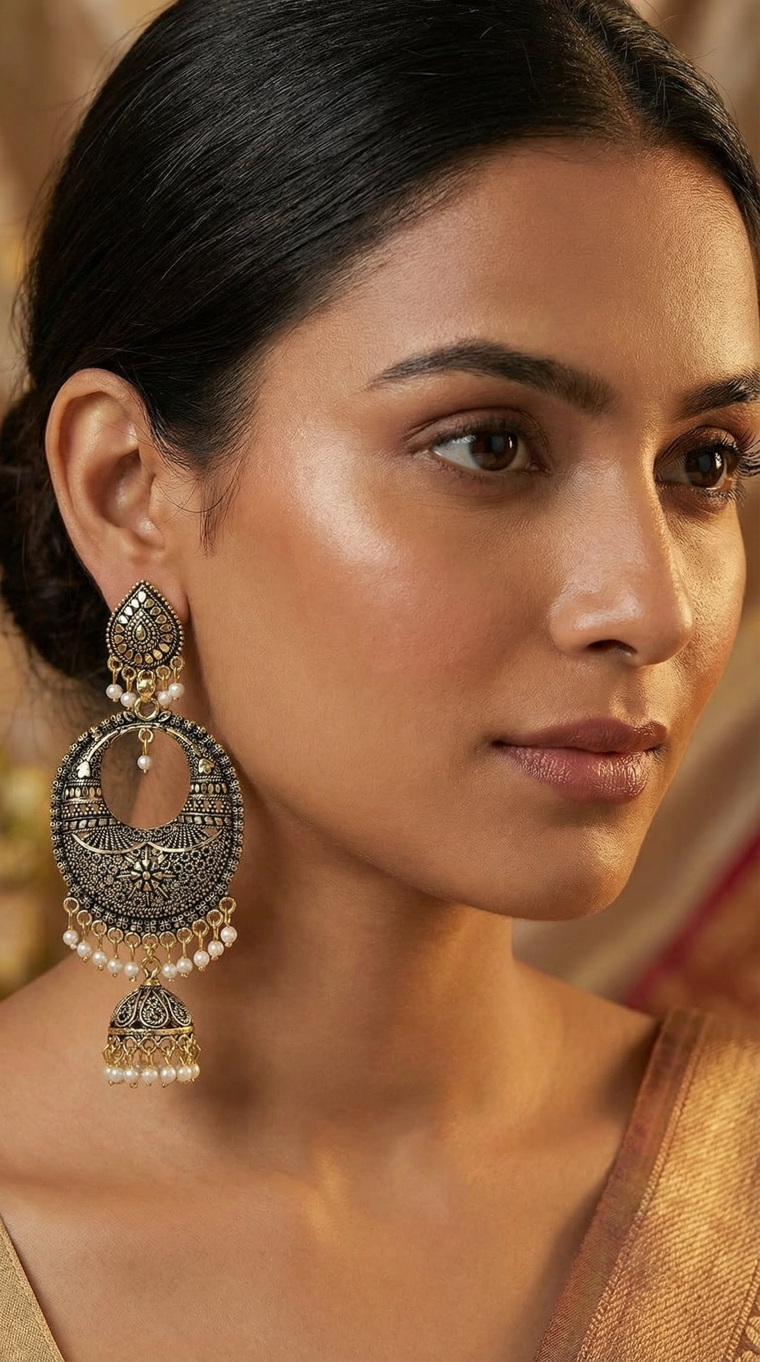 Antique Gold-Finish Chandbali Jhumkas