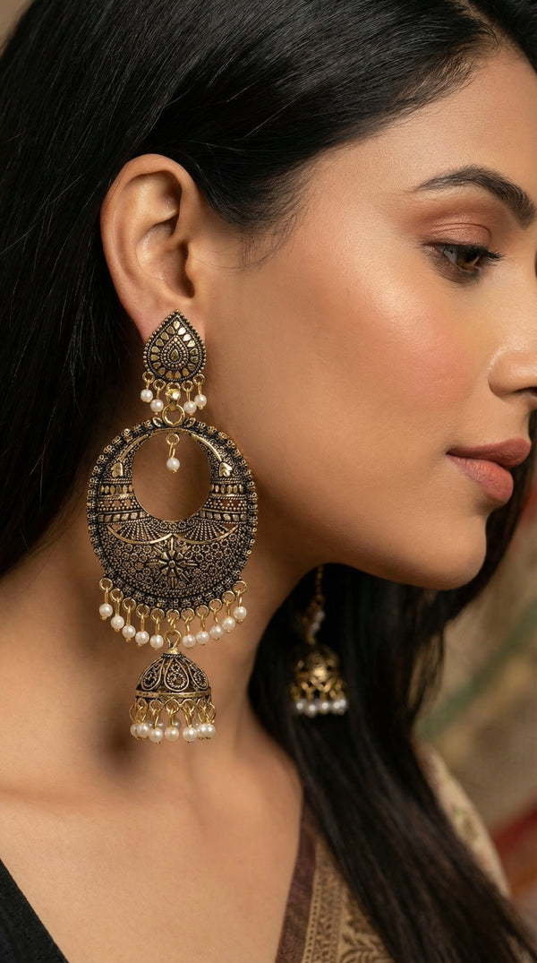 Antique Gold-Finish Chandbali Jhumkas