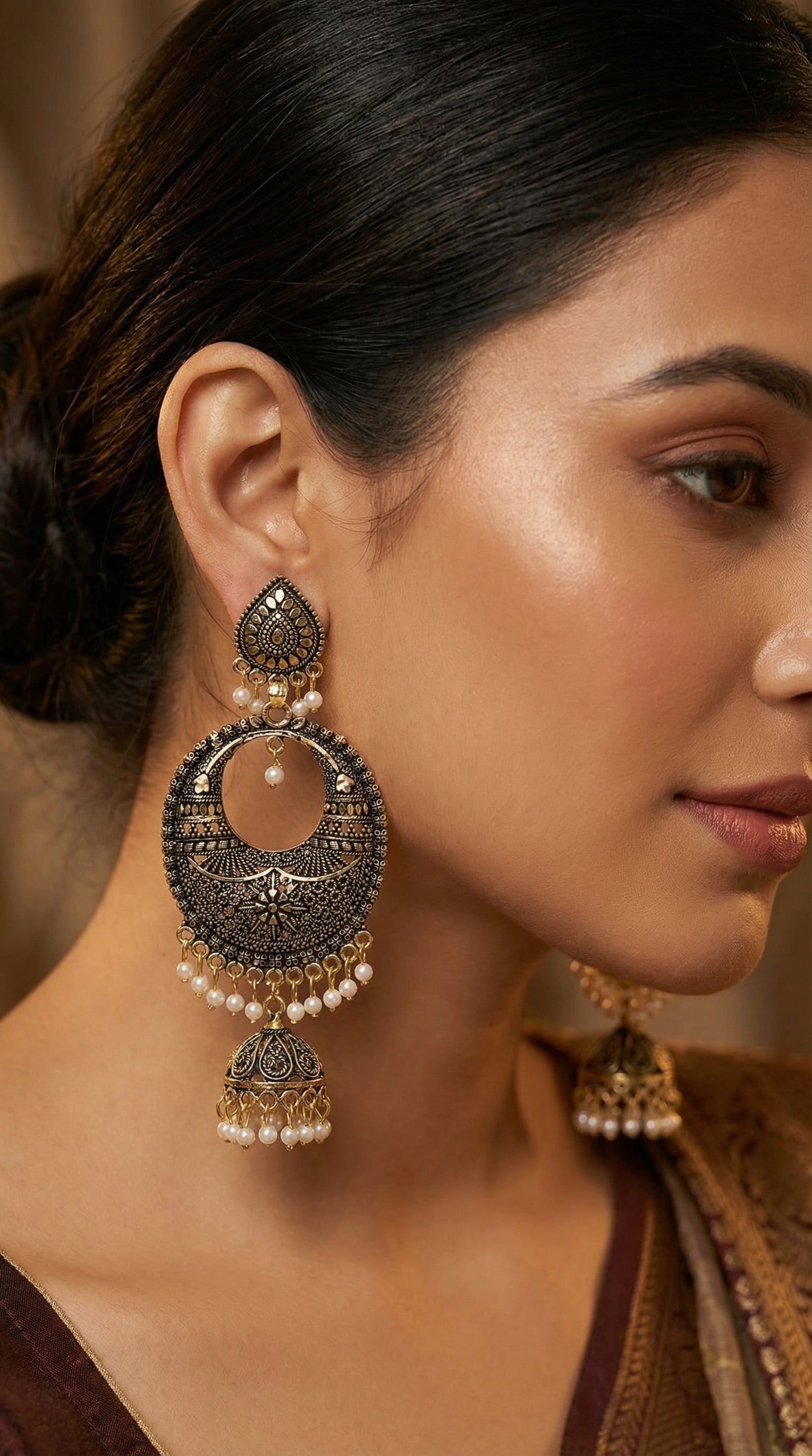 Antique Gold-Finish Chandbali Jhumkas