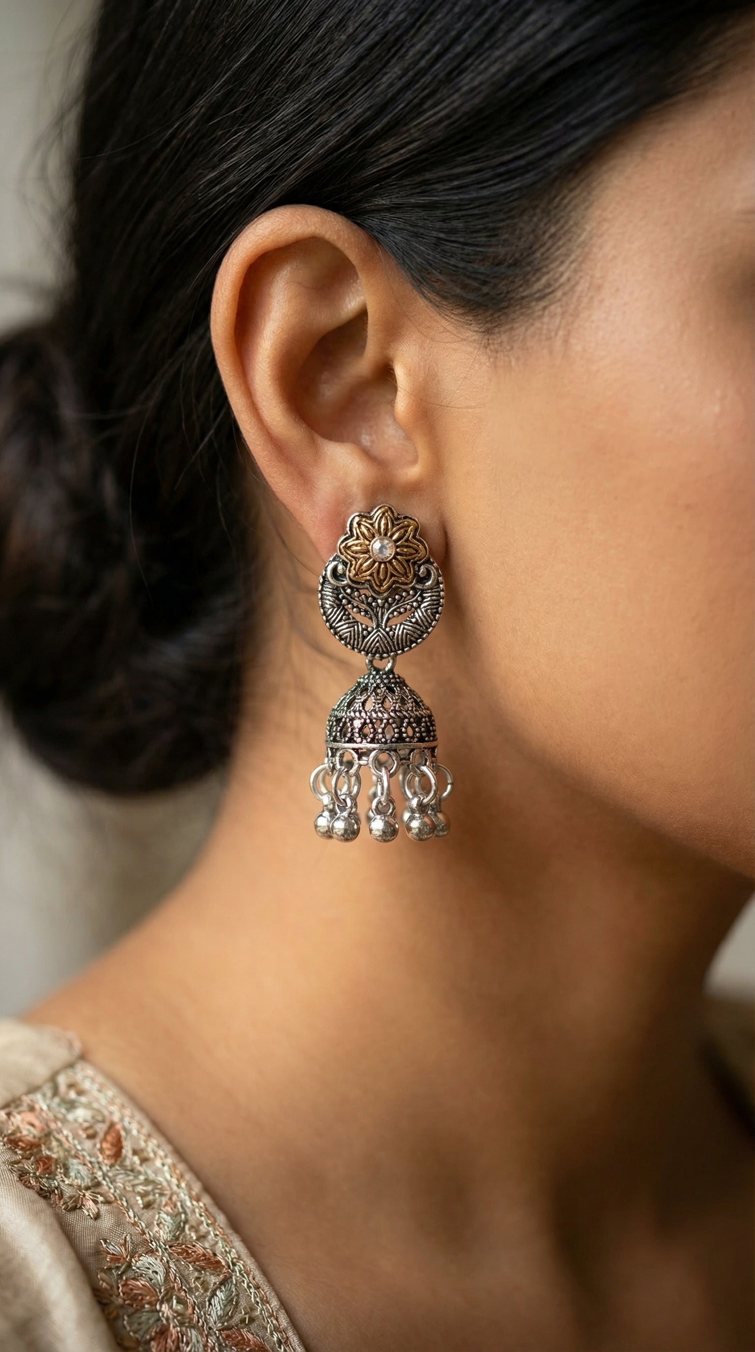 Antique Silver & Gold Floral Jhumkas