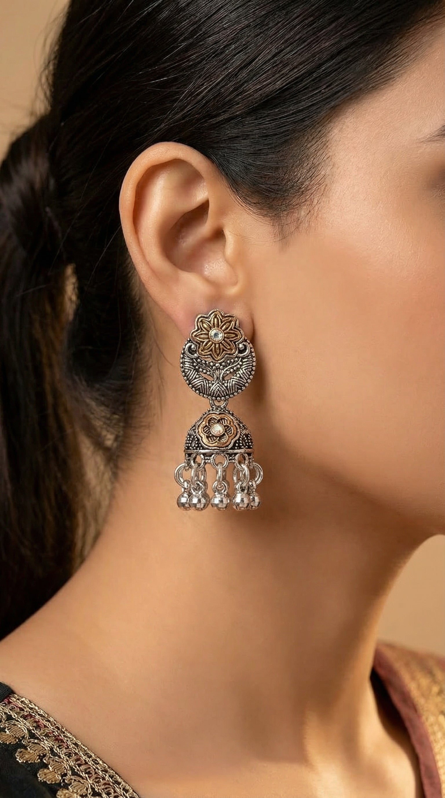 Antique Silver & Gold Floral Jhumkas