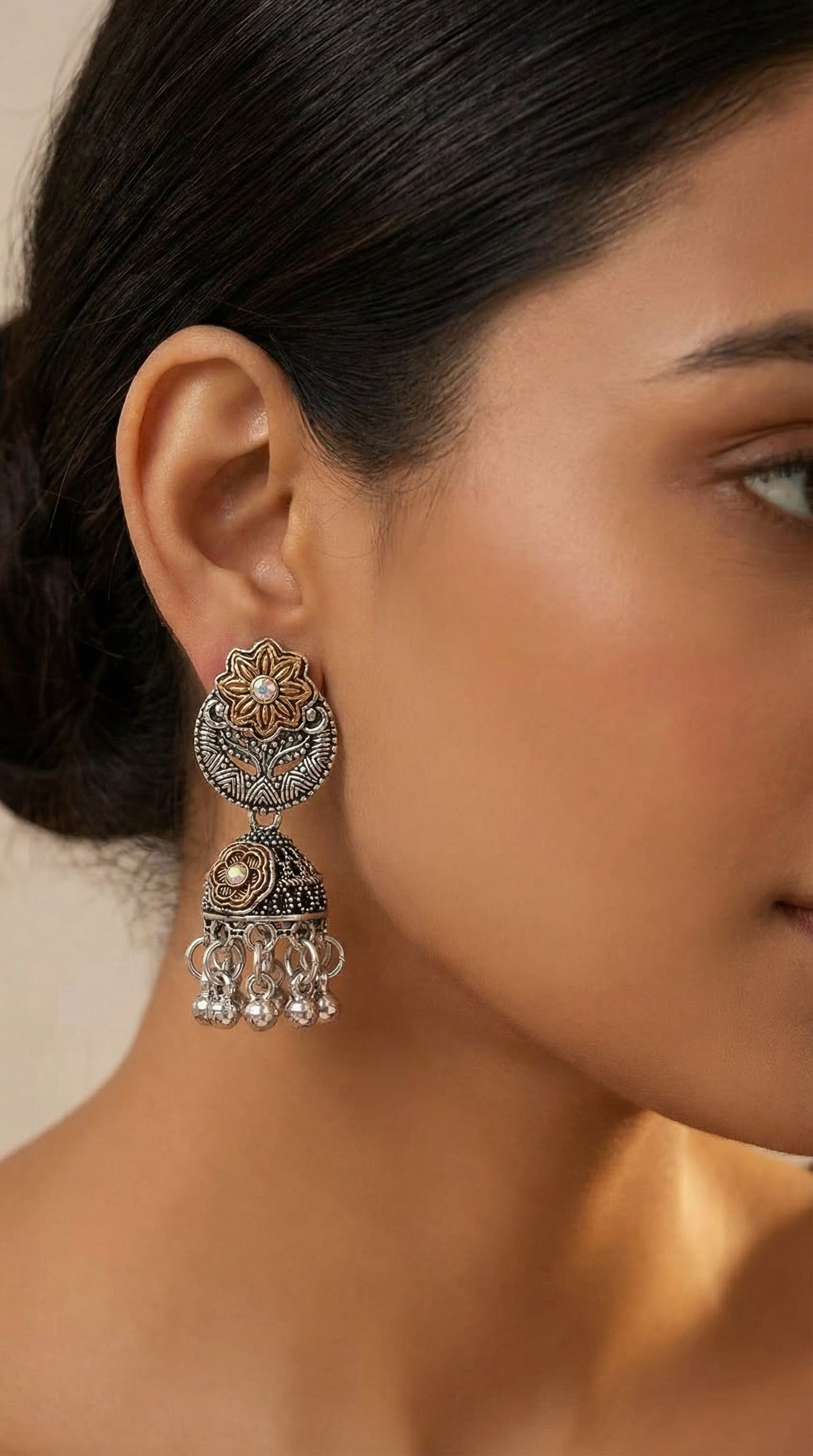 Antique Silver & Gold Floral Jhumkas