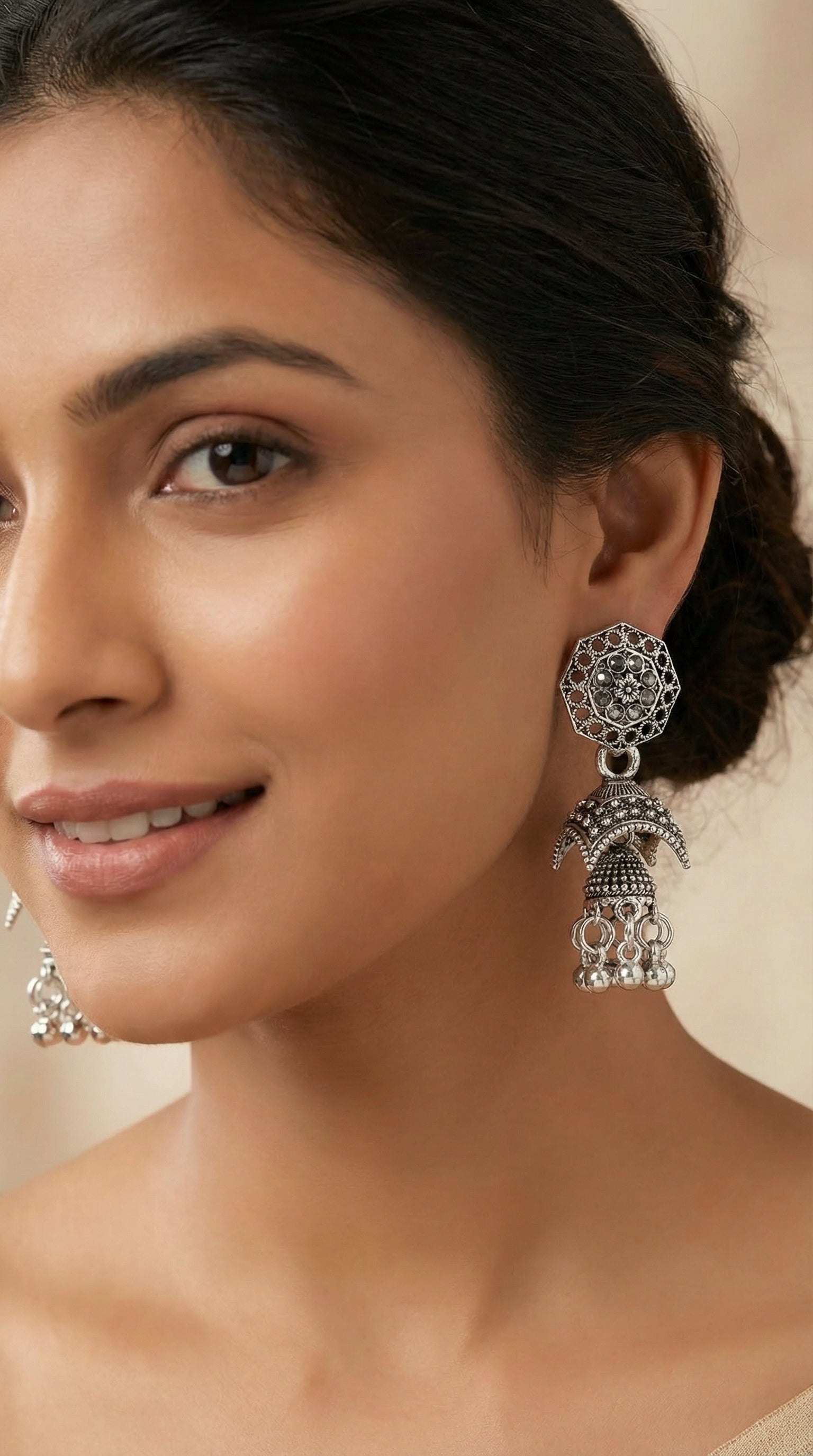 Antique Oxidized Silver Hexagonal Filigree Jhumkas