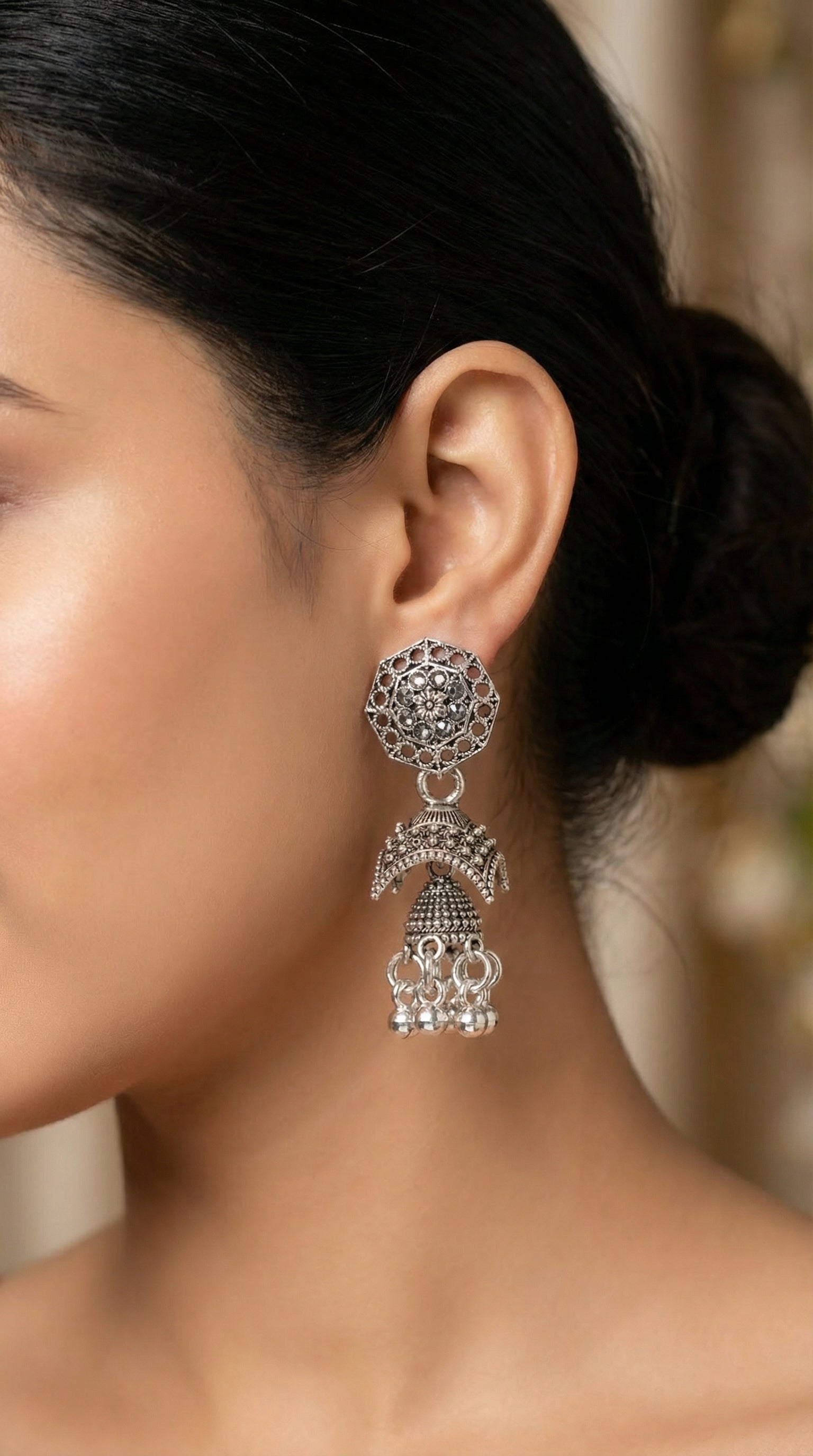 Antique Oxidized Silver Hexagonal Filigree Jhumkas