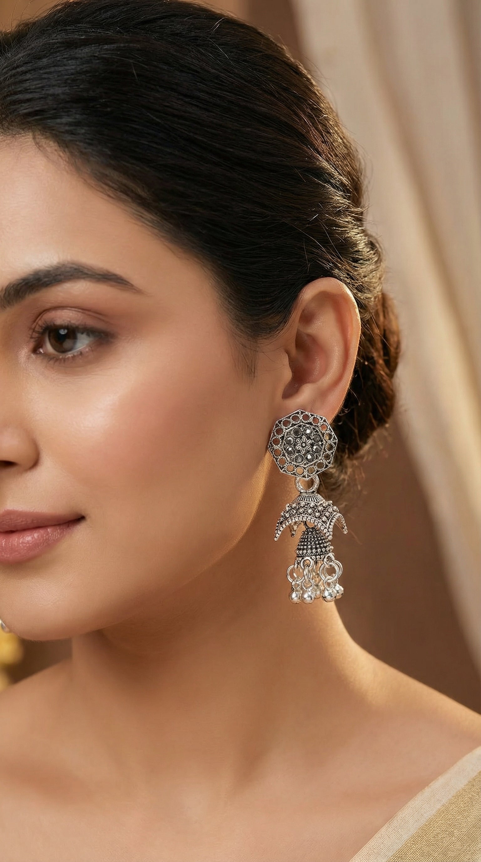 Antique Oxidized Silver Hexagonal Filigree Jhumkas