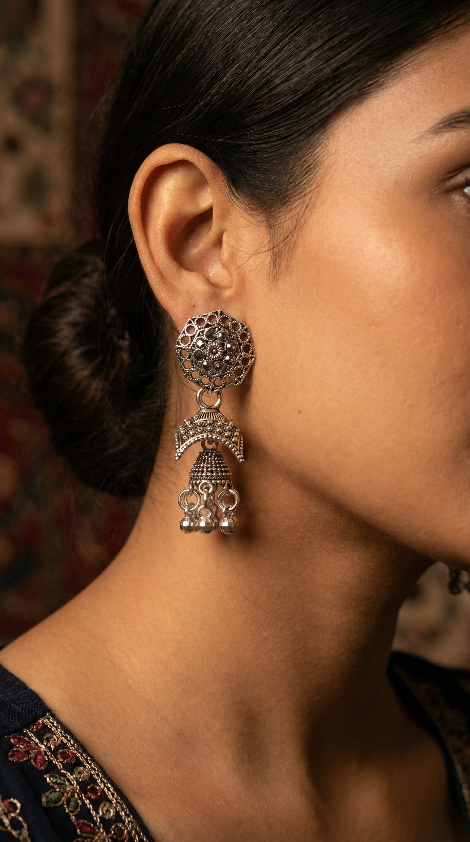 Antique Oxidized Silver Hexagonal Filigree Jhumkas