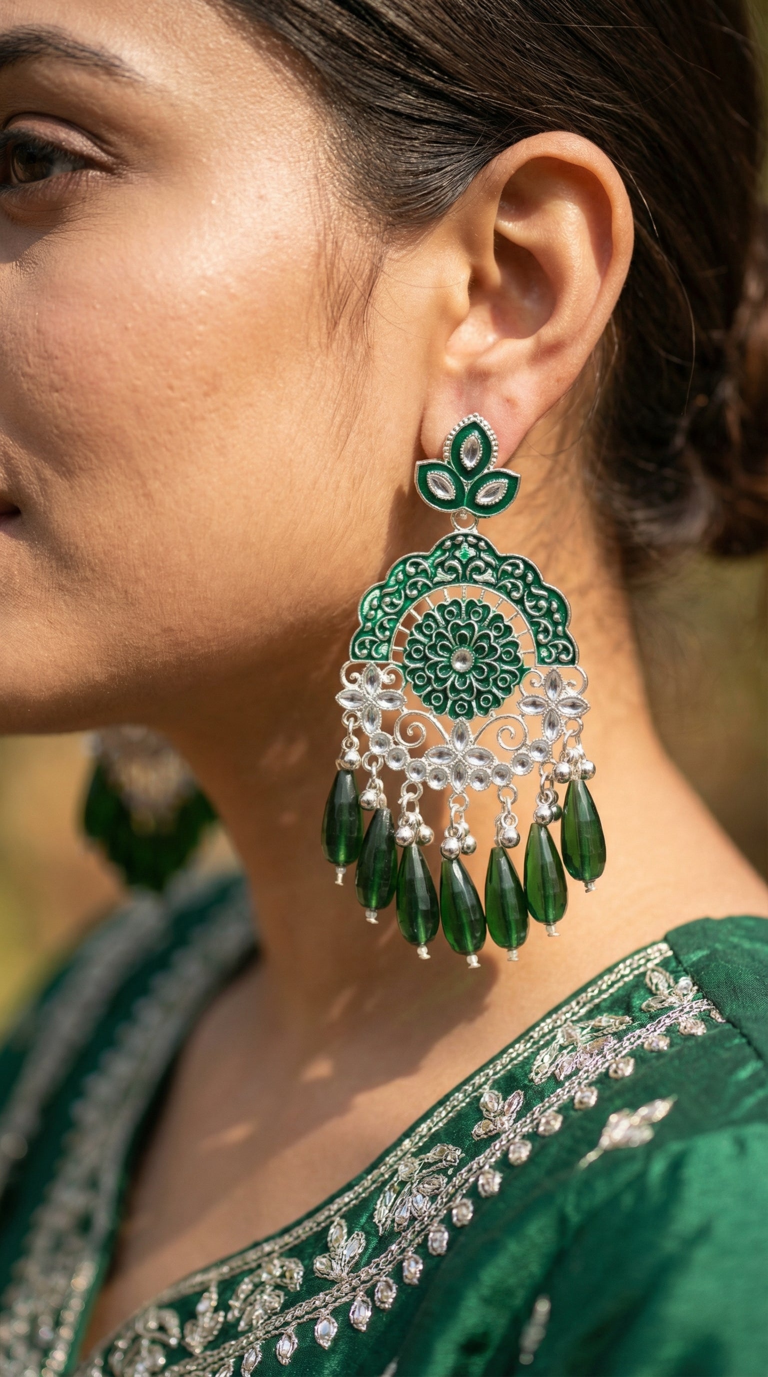 Silver-Plated Emerald Meenakari Chandbalis