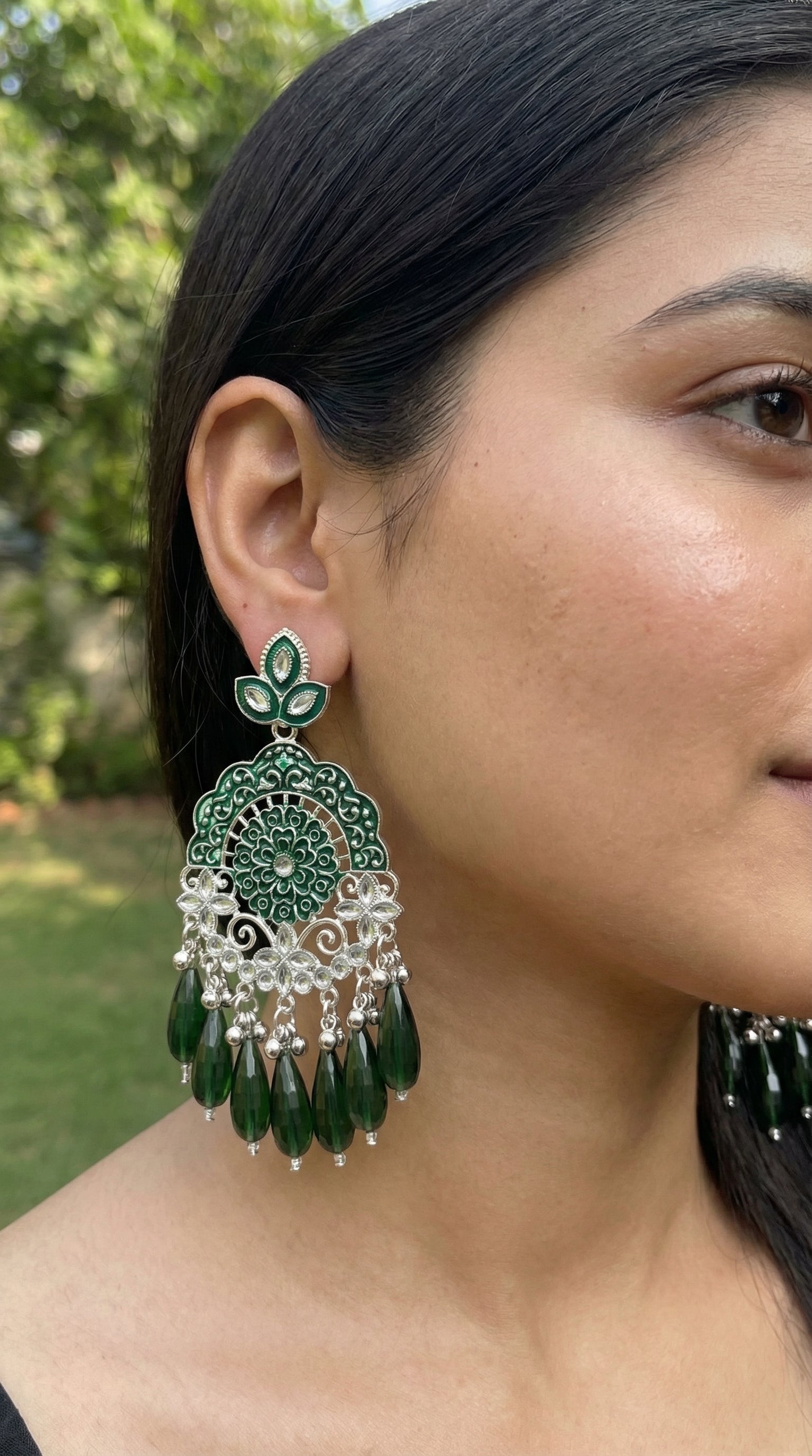 Silver-Plated Emerald Meenakari Chandbalis