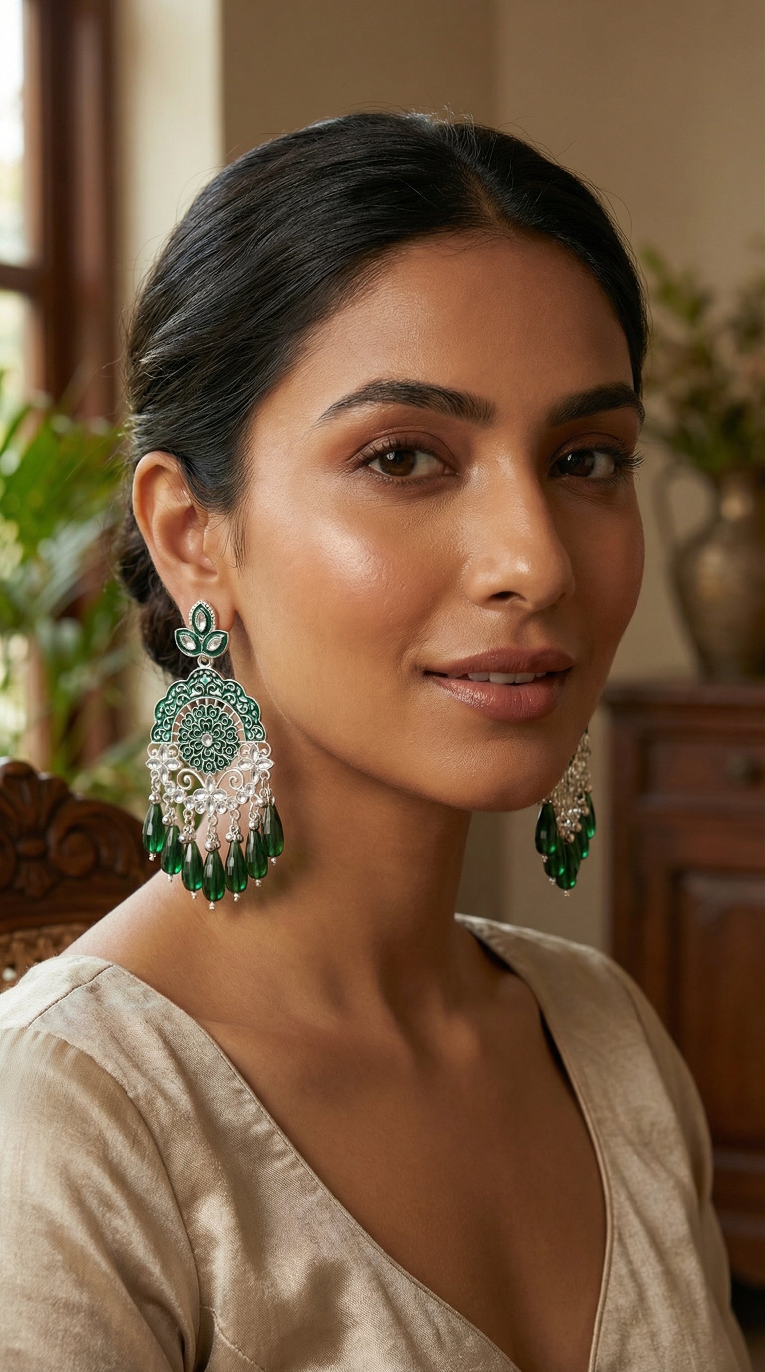 Silver-Plated Emerald Meenakari Chandbalis