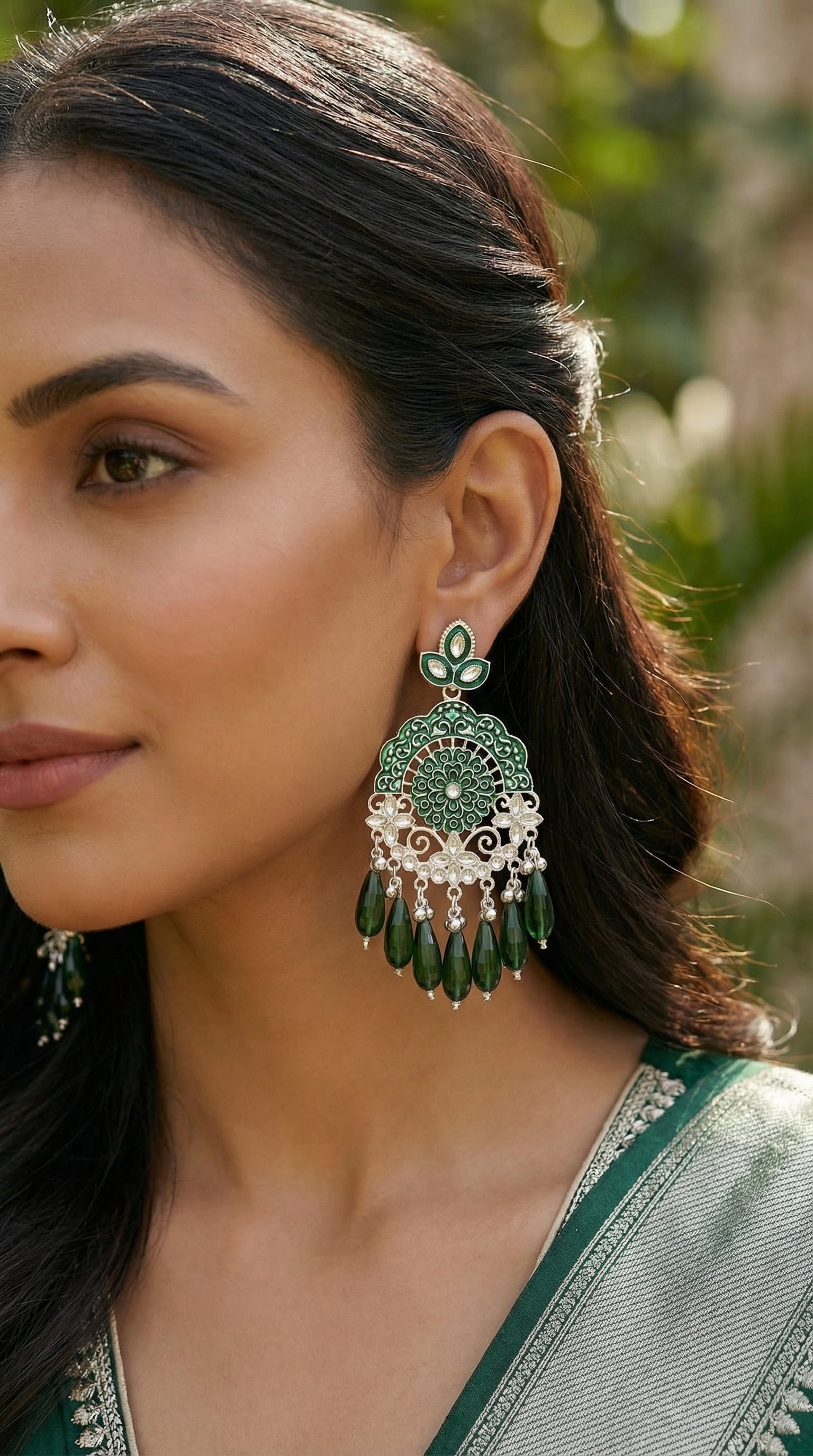 Silver-Plated Emerald Meenakari Chandbalis