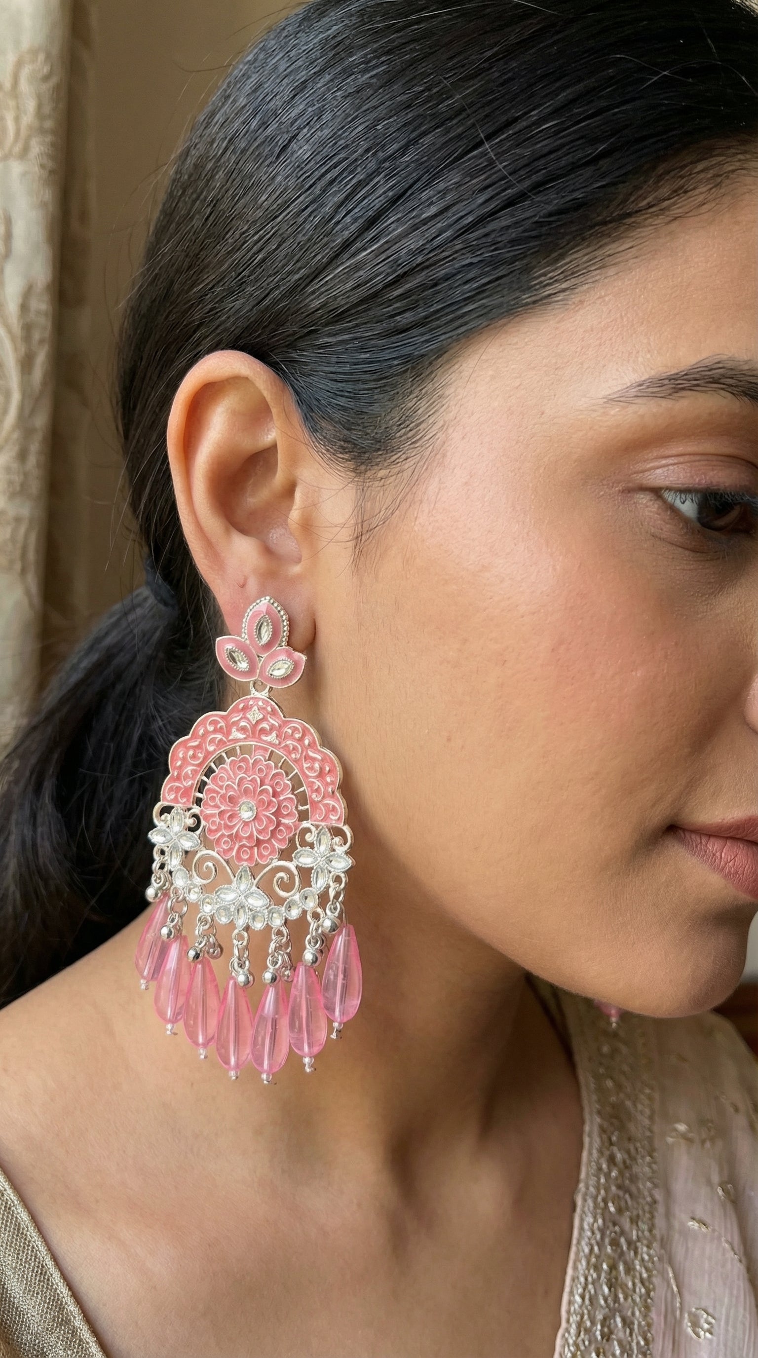 Silver-Plated Emerald Meenakari Chandbalis