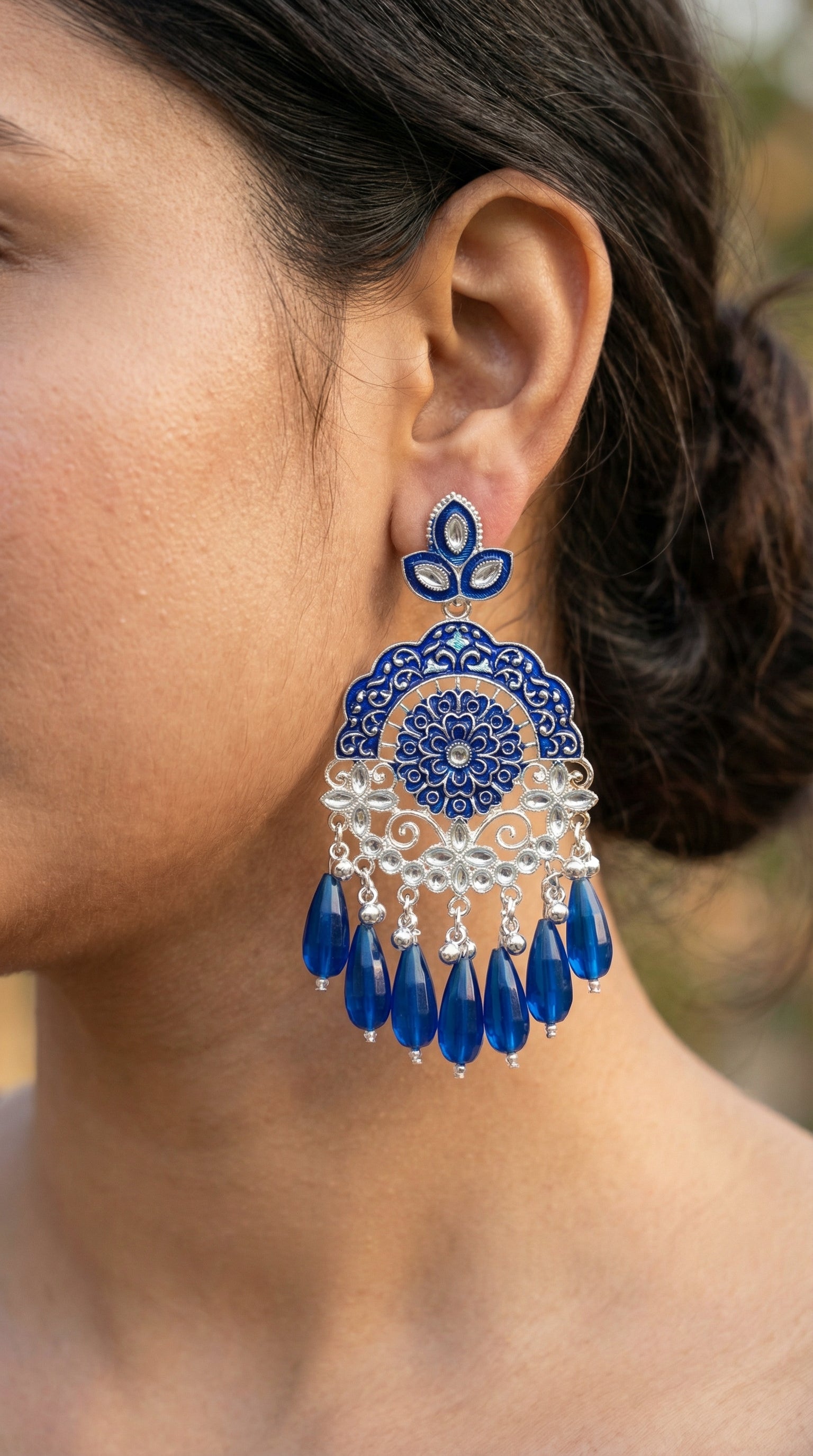 Silver-Plated Emerald Meenakari Chandbalis