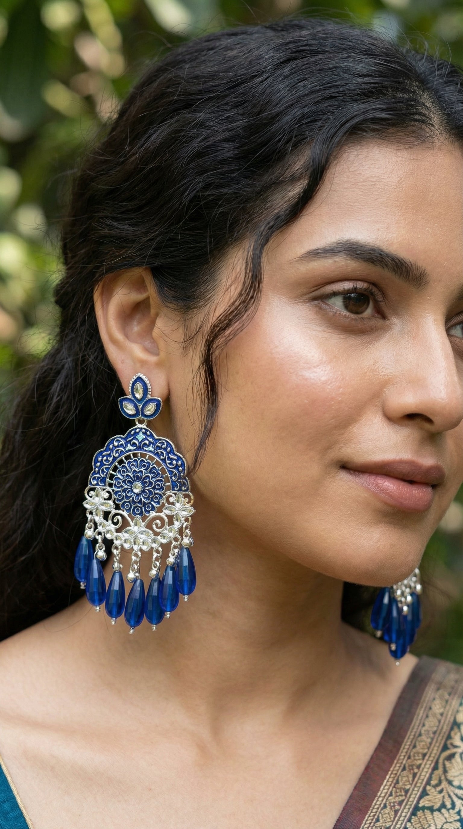 Silver-Plated Emerald Meenakari Chandbalis