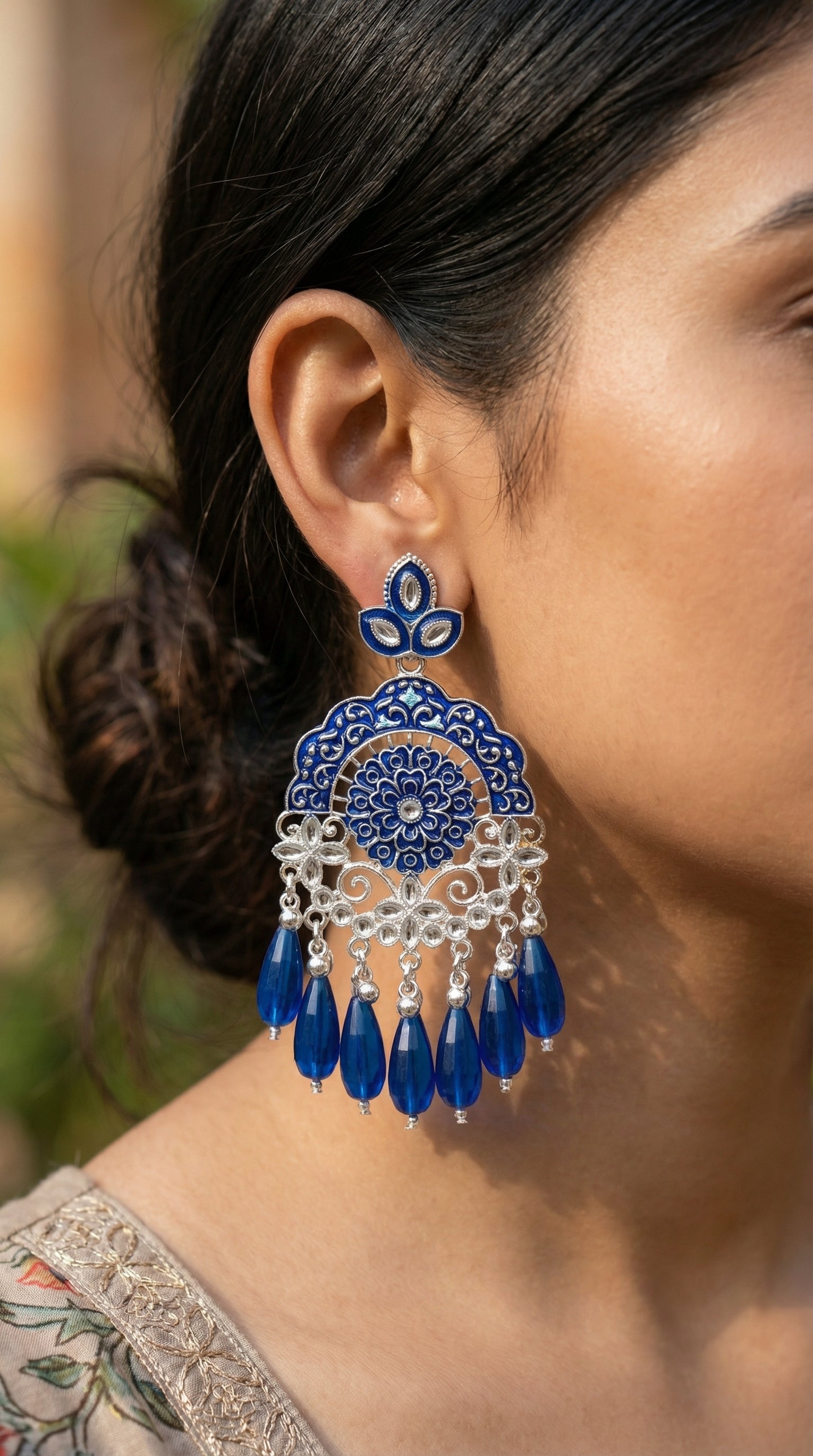 Silver-Plated Emerald Meenakari Chandbalis