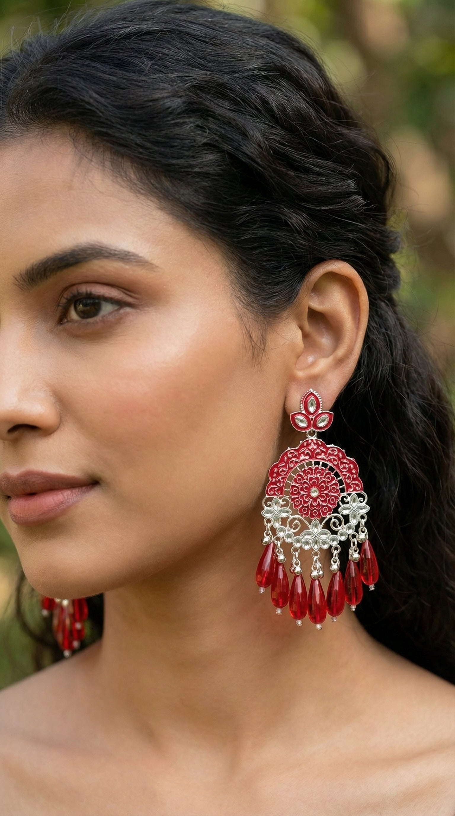 Silver-Plated Emerald Meenakari Chandbalis